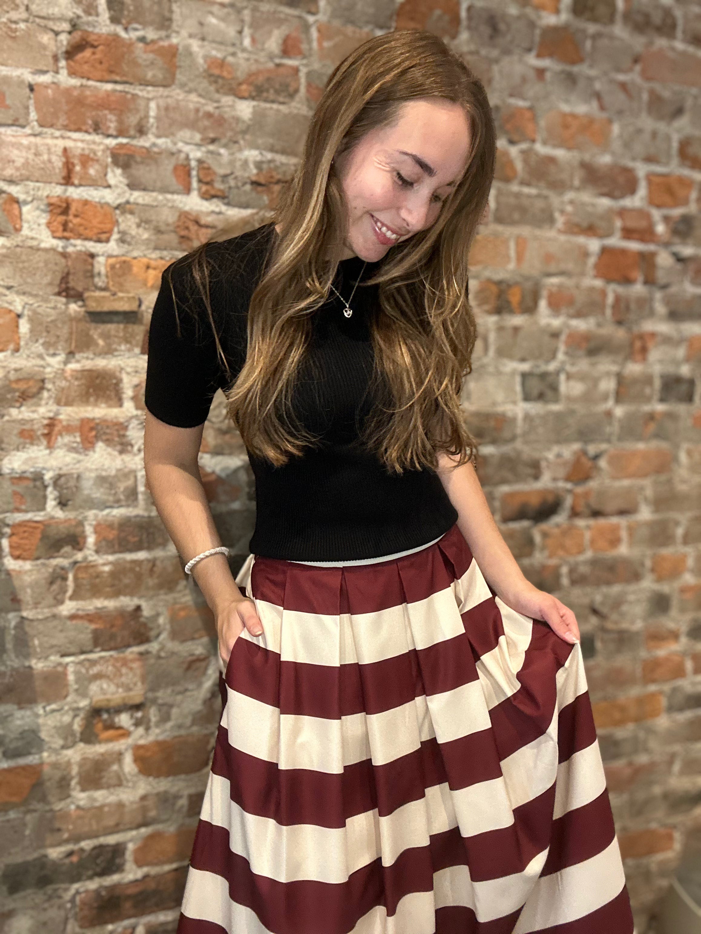 Hannah Brown Striped A Line Pleated Skirt-skirt-Glam-The Funky Zebra Ames, Women's Fashion Boutique in Ames, Iowa