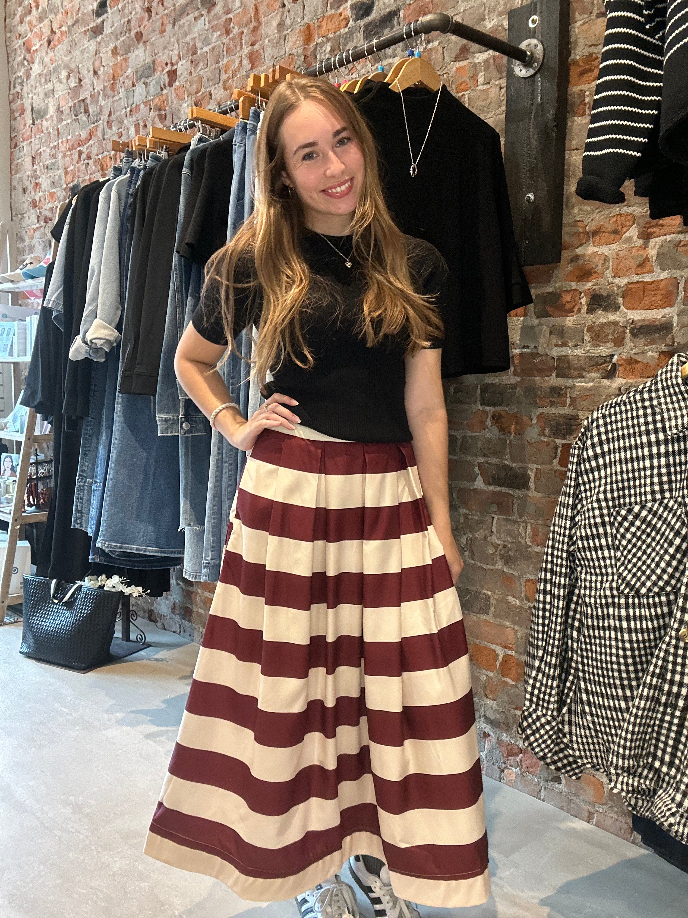 Hannah Brown Striped A Line Pleated Skirt-skirt-Glam-The Funky Zebra Ames, Women's Fashion Boutique in Ames, Iowa