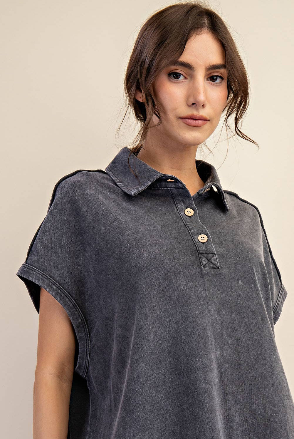 Margot Washed Polo Top-apparel-Rae Mode-The Funky Zebra Ames, Women's Fashion Boutique in Ames, Iowa