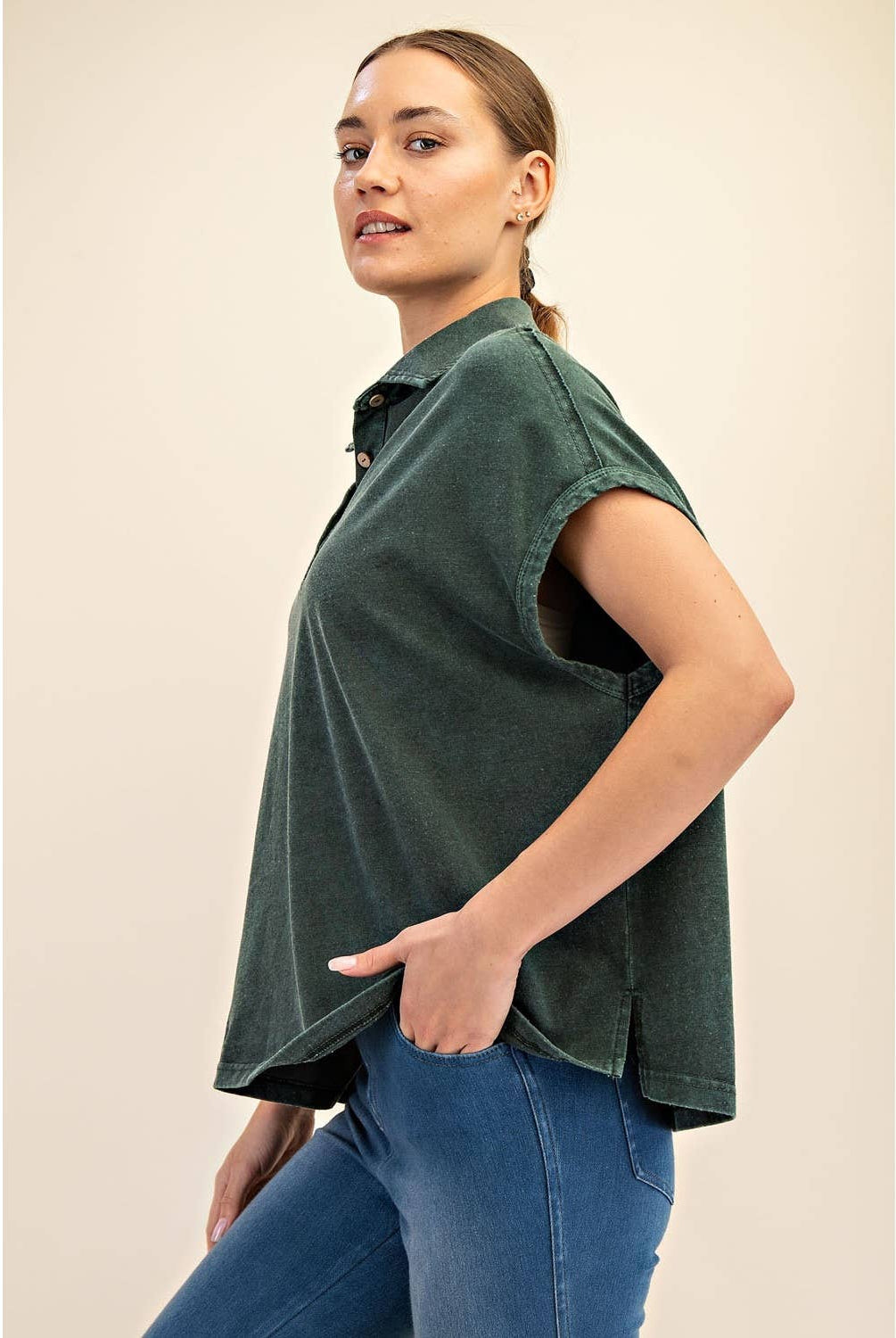 Margot Washed Polo Top-apparel-Rae Mode-The Funky Zebra Ames, Women's Fashion Boutique in Ames, Iowa