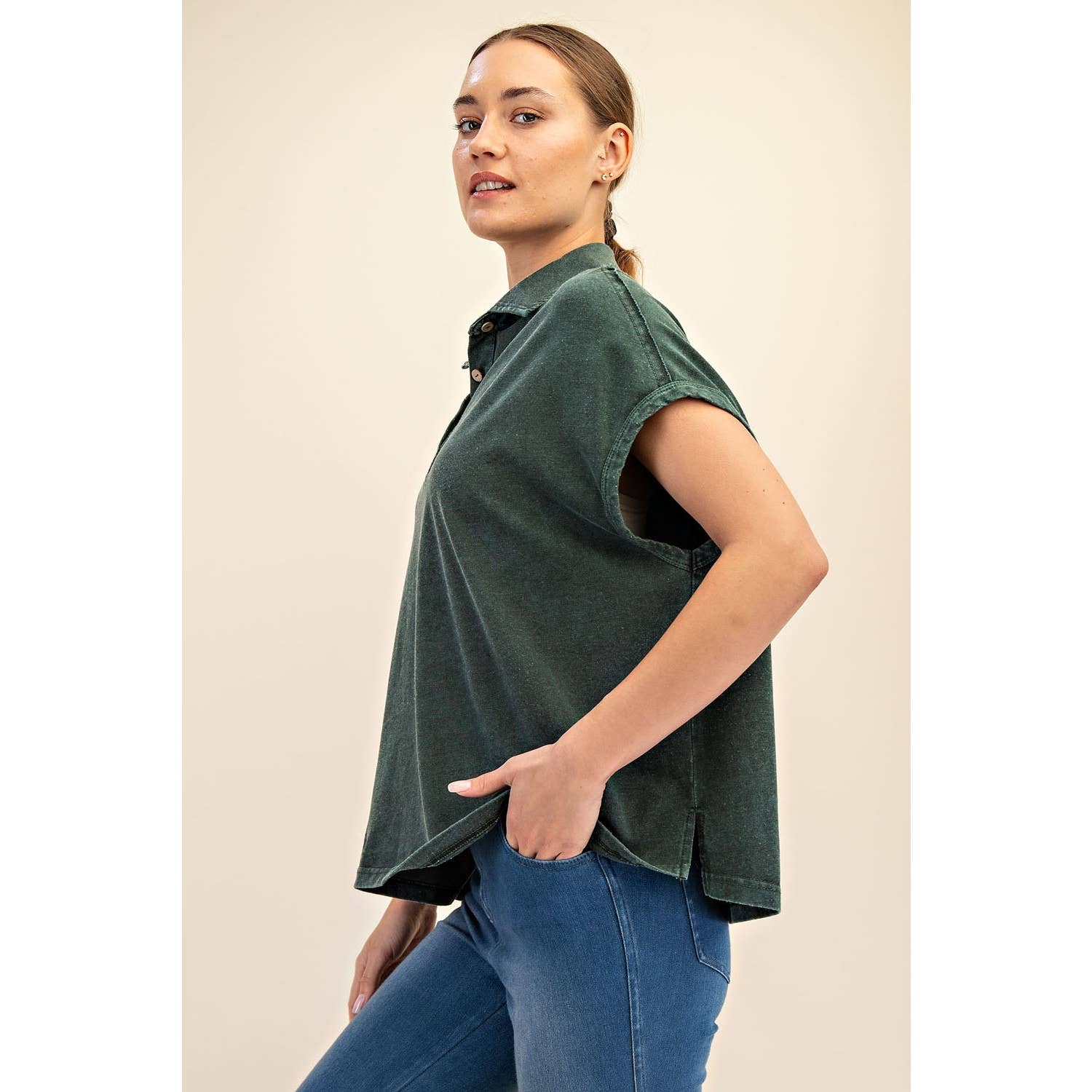 Margot Washed Polo Top-apparel-Rae Mode-The Funky Zebra Ames, Women's Fashion Boutique in Ames, Iowa