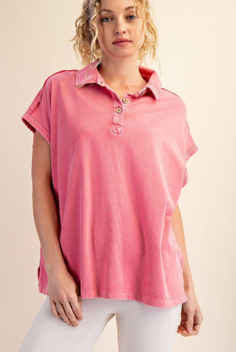 Margot Washed Polo Top-apparel-Rae Mode-The Funky Zebra Ames, Women's Fashion Boutique in Ames, Iowa