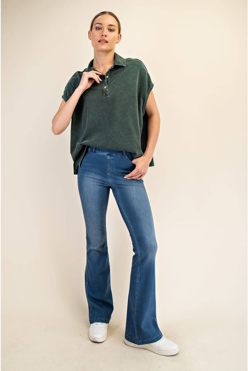 Margot Washed Polo Top-apparel-Rae Mode-The Funky Zebra Ames, Women's Fashion Boutique in Ames, Iowa