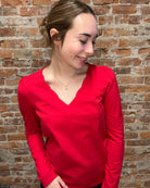 Kailee Red Scallop Top-Long Sleeves-Staccato-The Funky Zebra Ames, Women's Fashion Boutique in Ames, Iowa