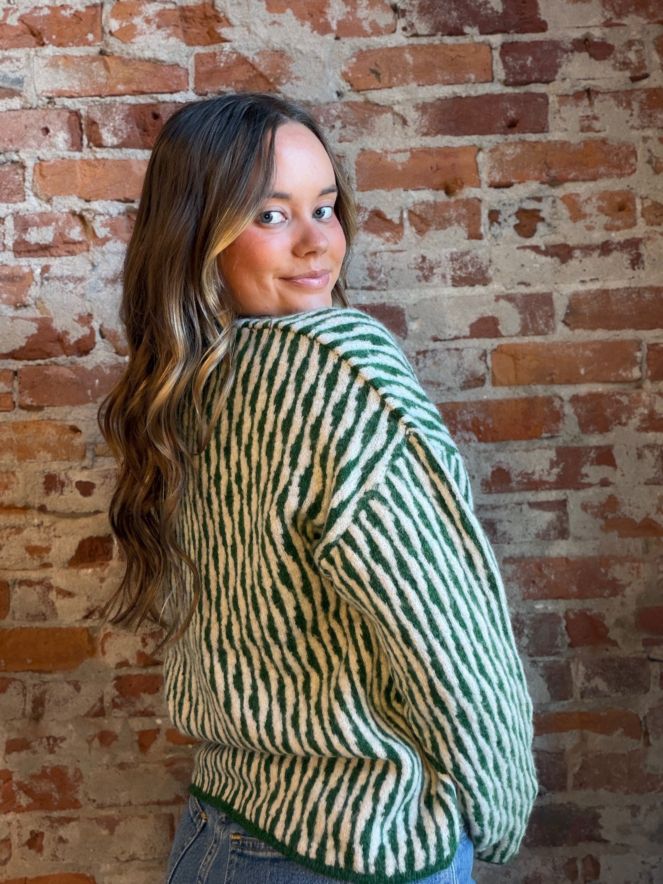 Maisey Green Abstract Stripe Sweater-Sweaters-be young-The Funky Zebra Ames, Women's Fashion Boutique in Ames, Iowa
