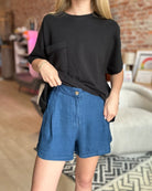Kendra Chambray High Waist Shorts-apparel-Blu Pepper-The Funky Zebra Ames, Women's Fashion Boutique in Ames, Iowa