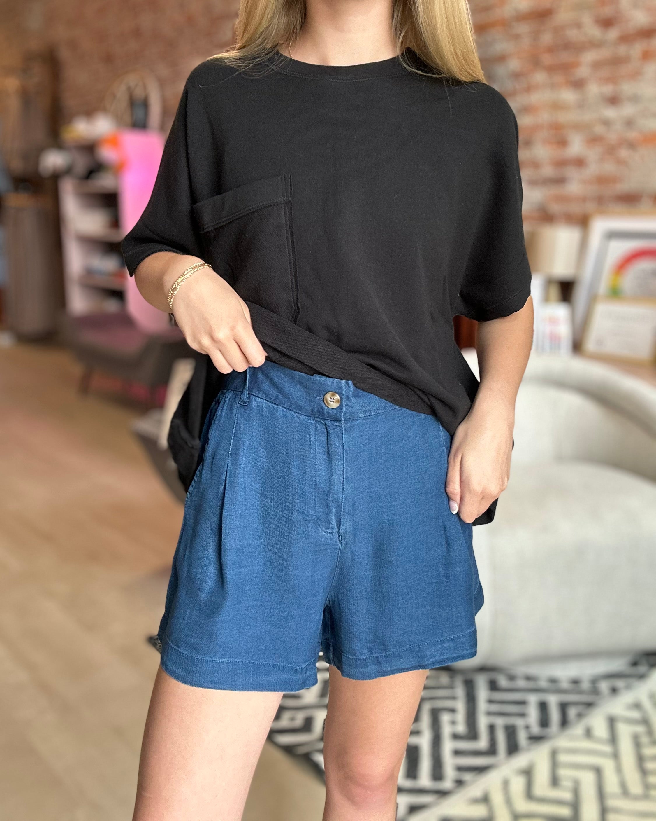 Kendra Chambray High Waist Shorts-apparel-Blu Pepper-The Funky Zebra Ames, Women's Fashion Boutique in Ames, Iowa