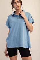 Margot Washed Polo Top-apparel-Rae Mode-The Funky Zebra Ames, Women's Fashion Boutique in Ames, Iowa
