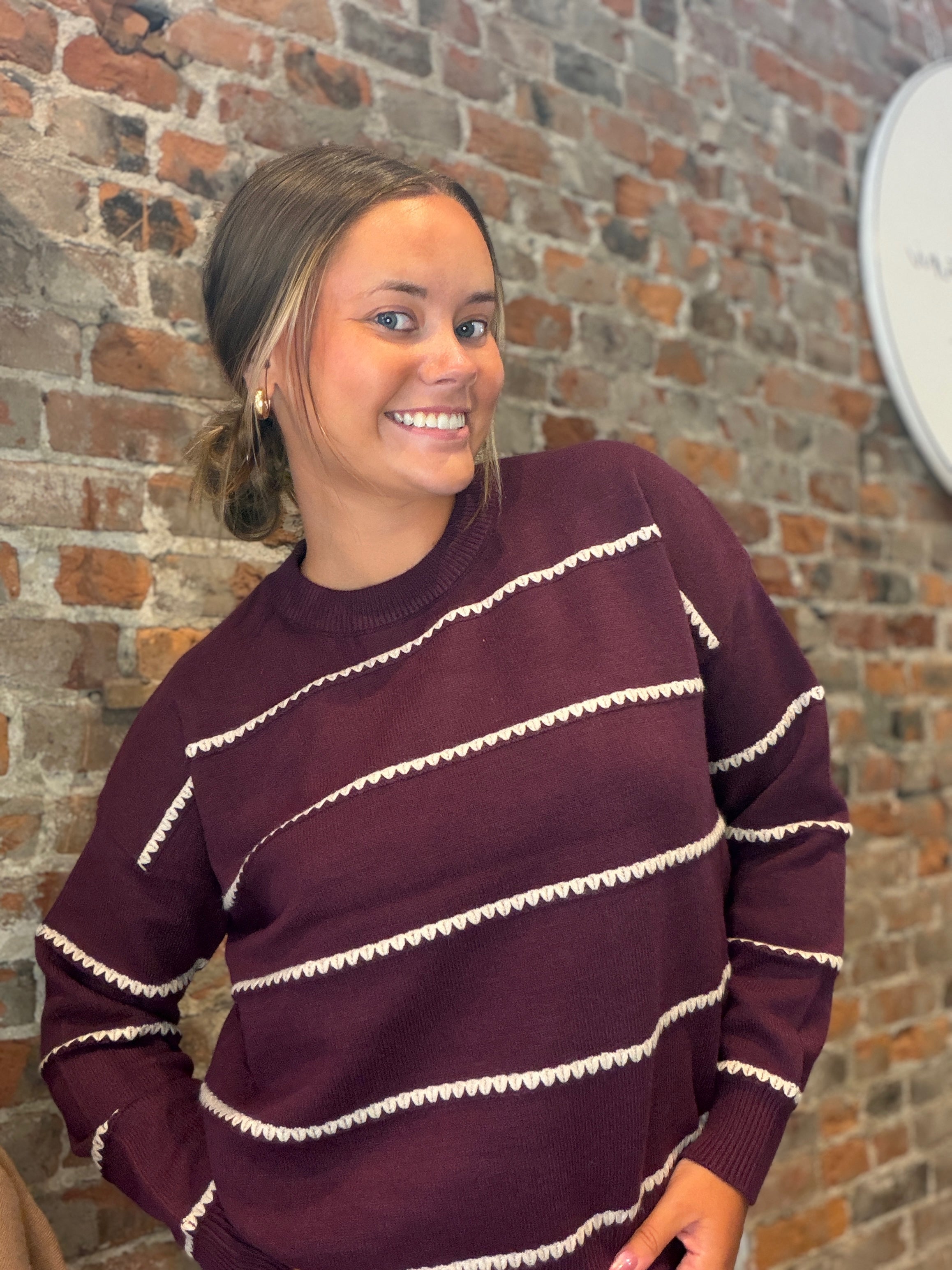 Lauren Blanket Stitch Sweater-Long Sleeves-Staccato-The Funky Zebra Ames, Women's Fashion Boutique in Ames, Iowa