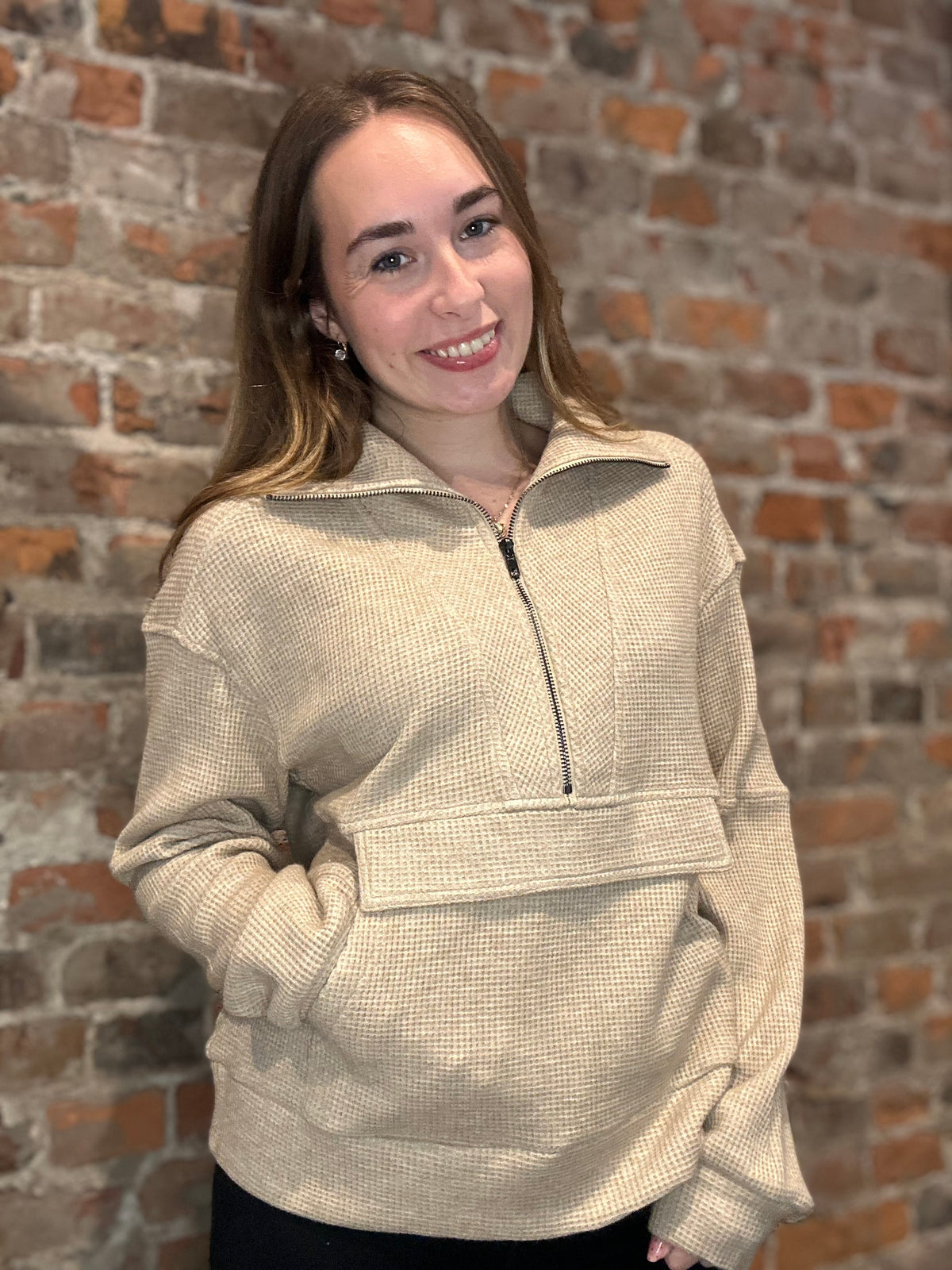 Soft Waffle Knit Half-Zip Sweatshirt-Long Sleeves-Doe and Rae-The Funky Zebra Ames, Women's Fashion Boutique in Ames, Iowa