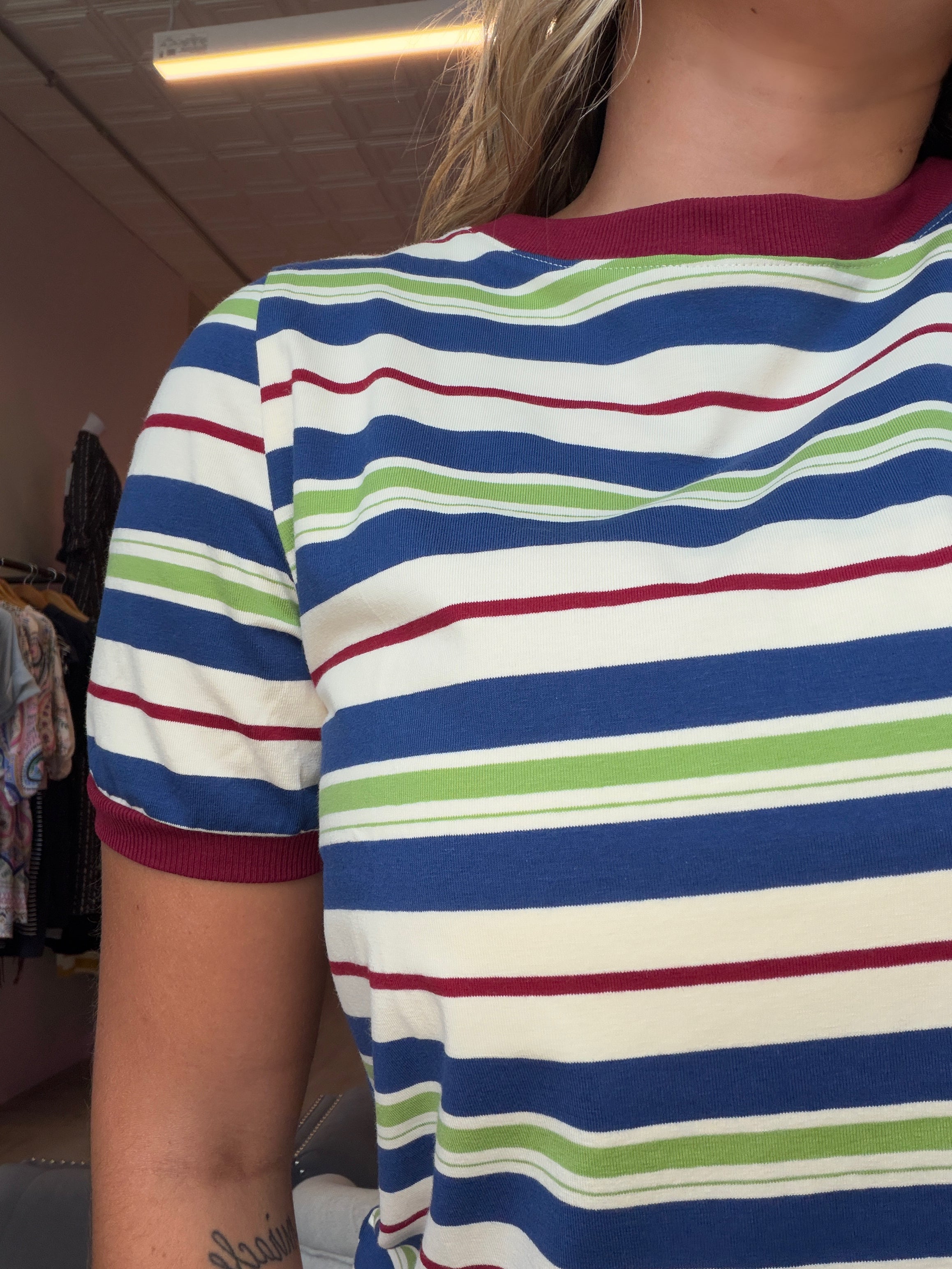 Cara Navy Multistriped Top-Short Sleeves-Staccato-The Funky Zebra Ames, Women's Fashion Boutique in Ames, Iowa