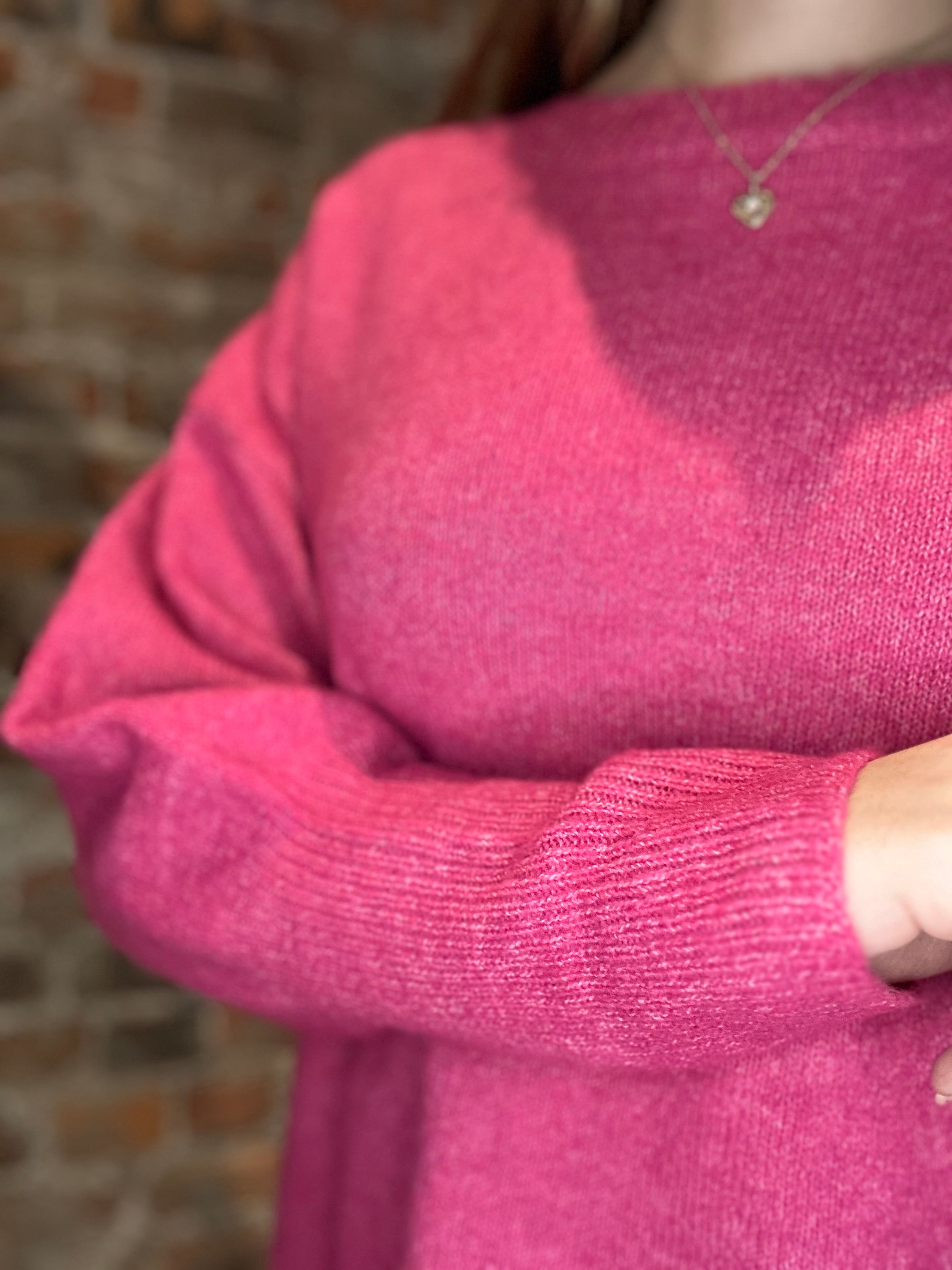 Sadie Fuchsia Round Neck Sweater-Sweaters-Cozy Co-The Funky Zebra Ames, Women's Fashion Boutique in Ames, Iowa