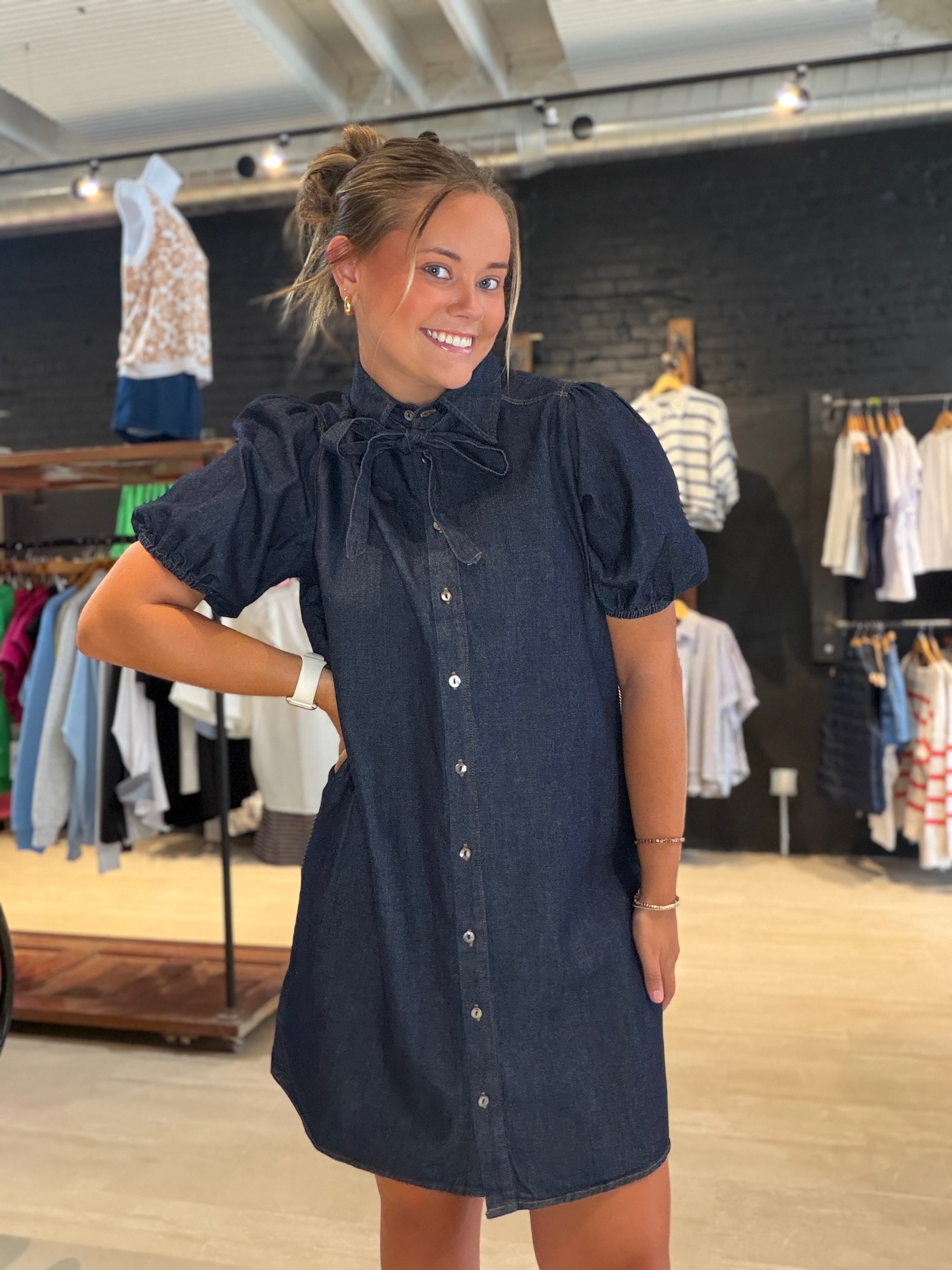 Dolly Denim Dress-Dresses-She & Sky-The Funky Zebra Ames, Women's Fashion Boutique in Ames, Iowa