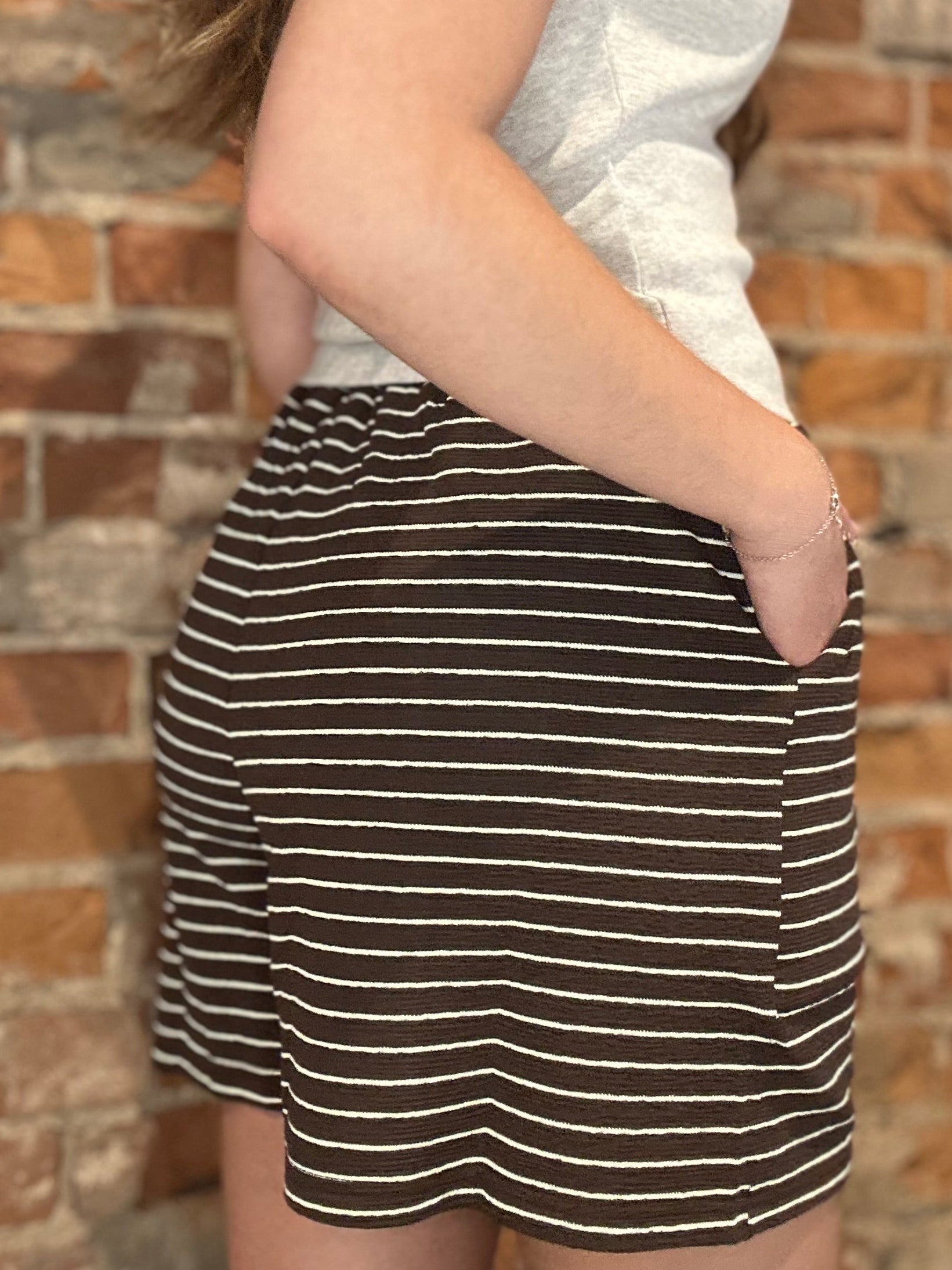 Evie Espresso Striped Drawstring Shorts-Shorts-Cozy Co-The Funky Zebra Ames, Women's Fashion Boutique in Ames, Iowa