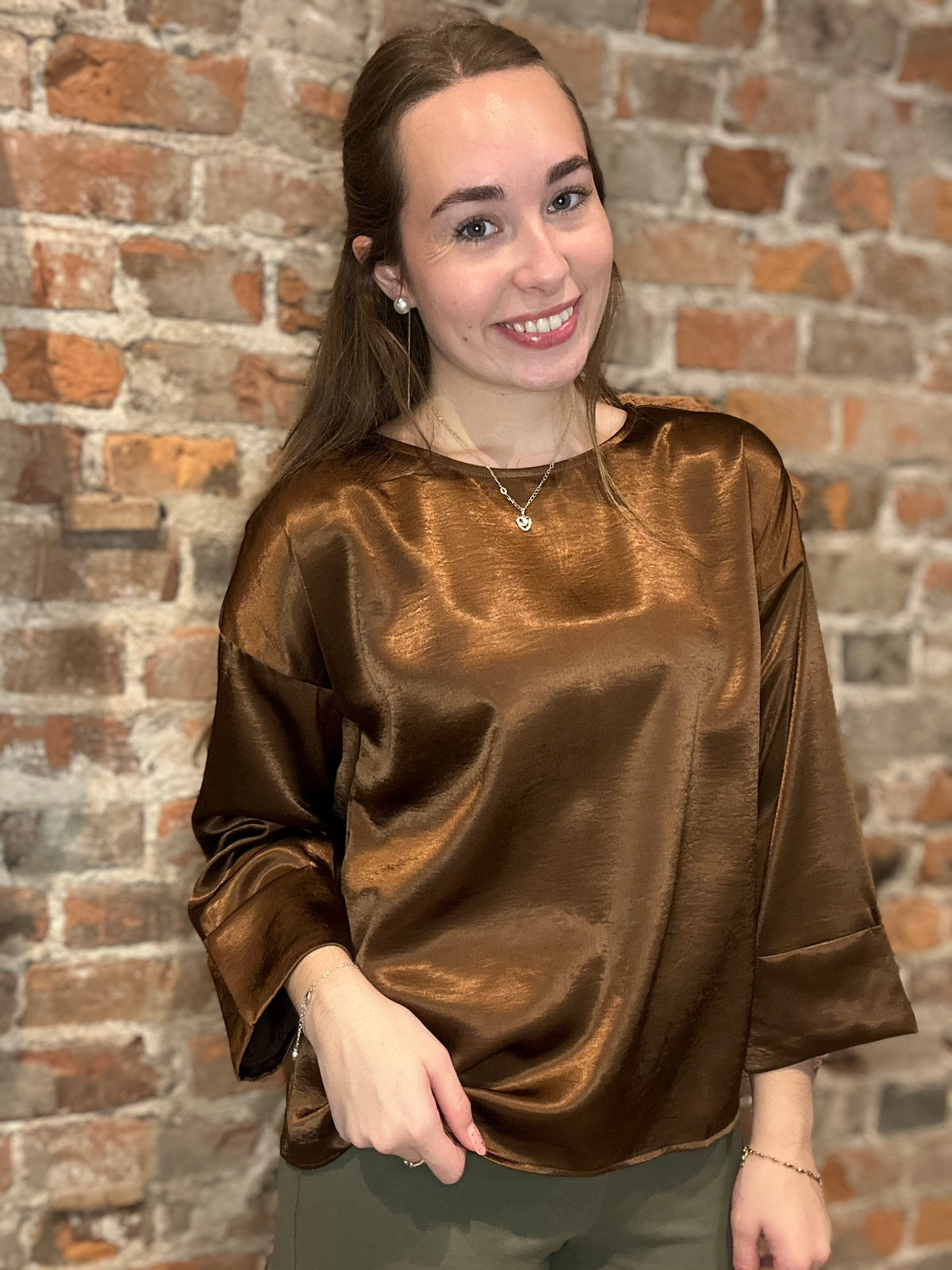 Mira Coffee Brown Satin Top-top-Cozy Co-The Funky Zebra Ames, Women's Fashion Boutique in Ames, Iowa