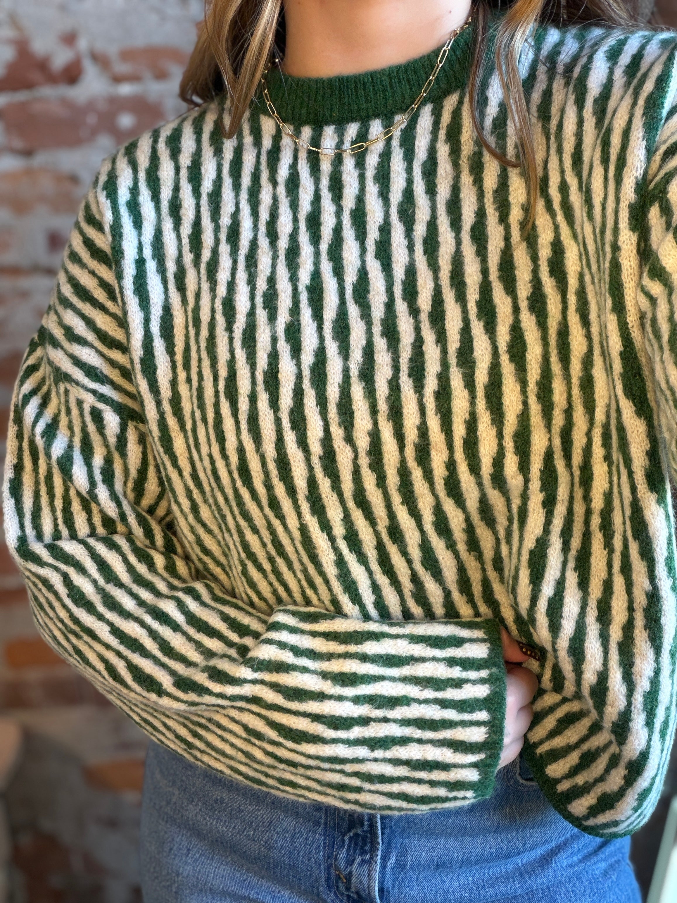Maisey Green Abstract Stripe Sweater-Sweaters-be young-The Funky Zebra Ames, Women's Fashion Boutique in Ames, Iowa