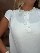 Diane White Frilled Half Button Top-Tank Tops-Staccato-The Funky Zebra Ames, Women's Fashion Boutique in Ames, Iowa