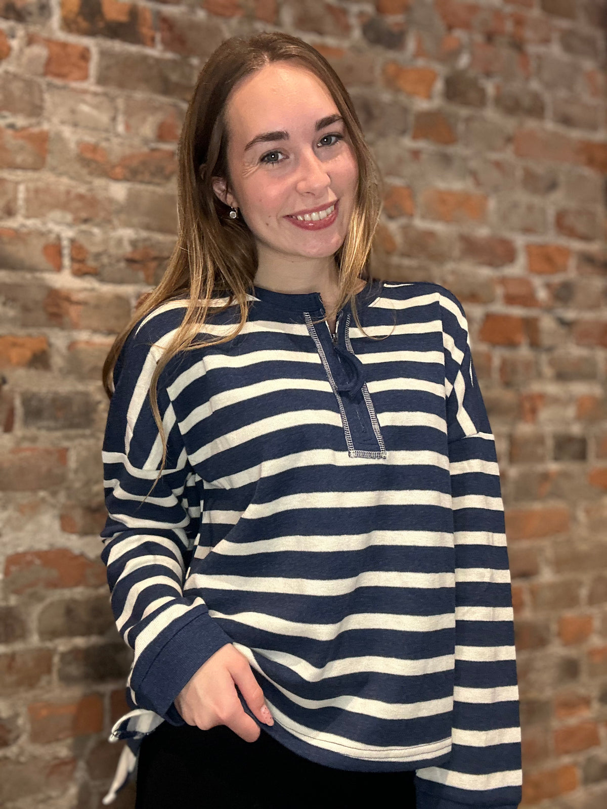 Simone Navy Striped Half-Zip-She & Sky-The Funky Zebra Ames, Women's Fashion Boutique in Ames, Iowa