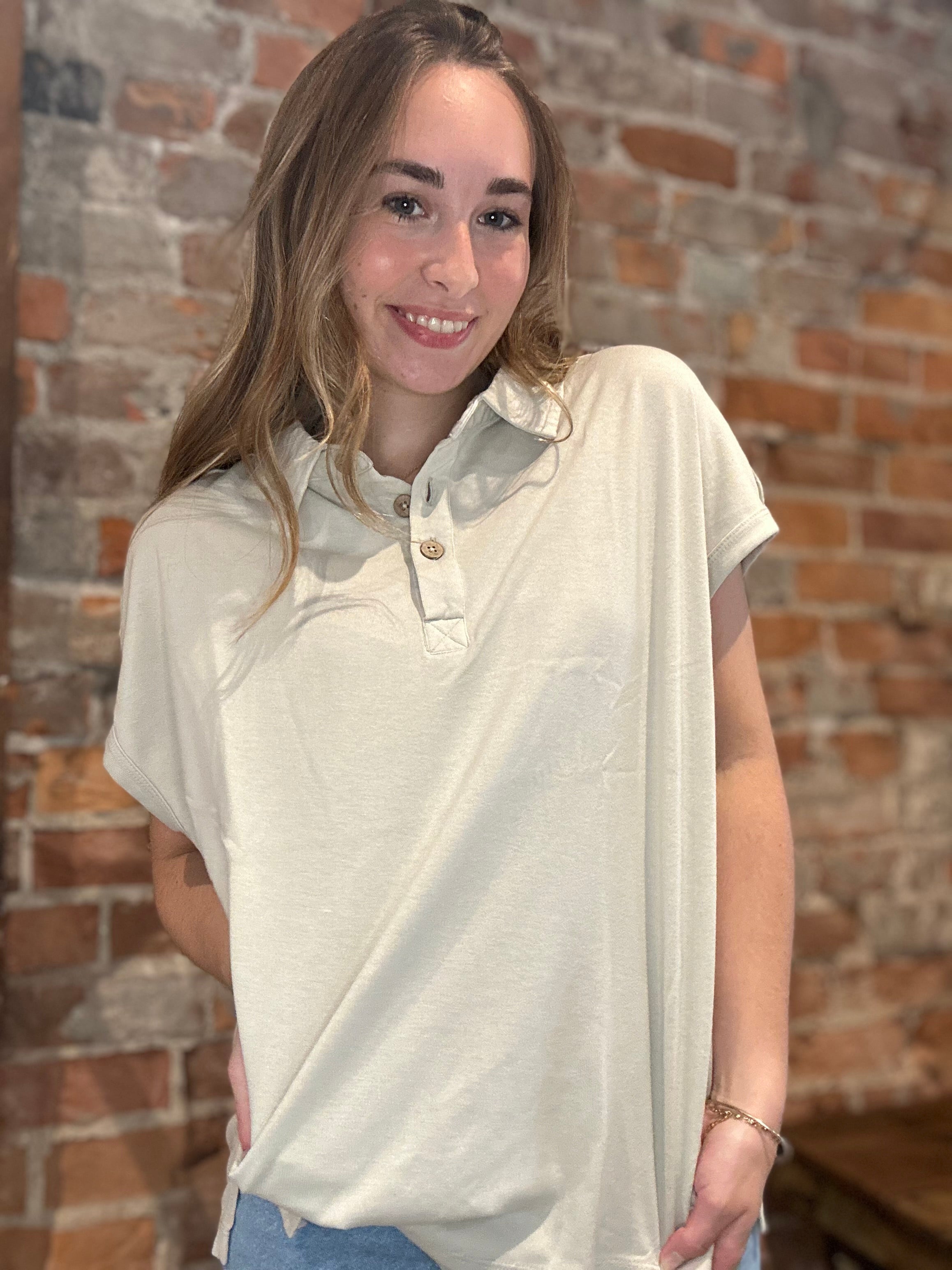 Margot Washed Polo Top-apparel-Rae Mode-The Funky Zebra Ames, Women's Fashion Boutique in Ames, Iowa