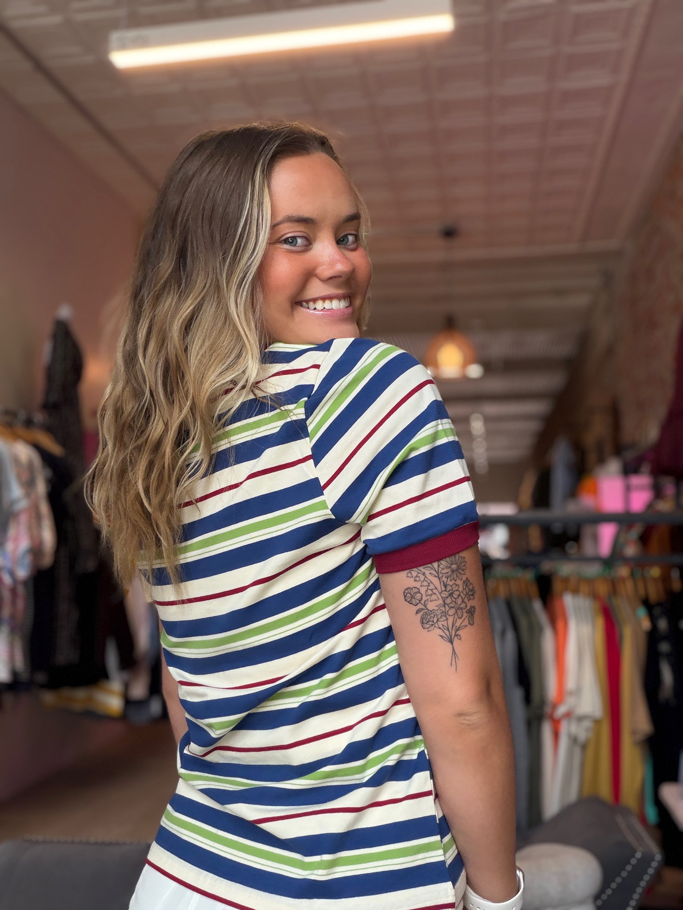 Cara Navy Multistriped Top-Short Sleeves-Staccato-The Funky Zebra Ames, Women's Fashion Boutique in Ames, Iowa
