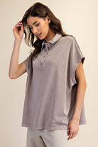 Margot Washed Polo Top-apparel-Rae Mode-The Funky Zebra Ames, Women's Fashion Boutique in Ames, Iowa