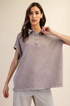 Margot Washed Polo Top-apparel-Rae Mode-The Funky Zebra Ames, Women's Fashion Boutique in Ames, Iowa