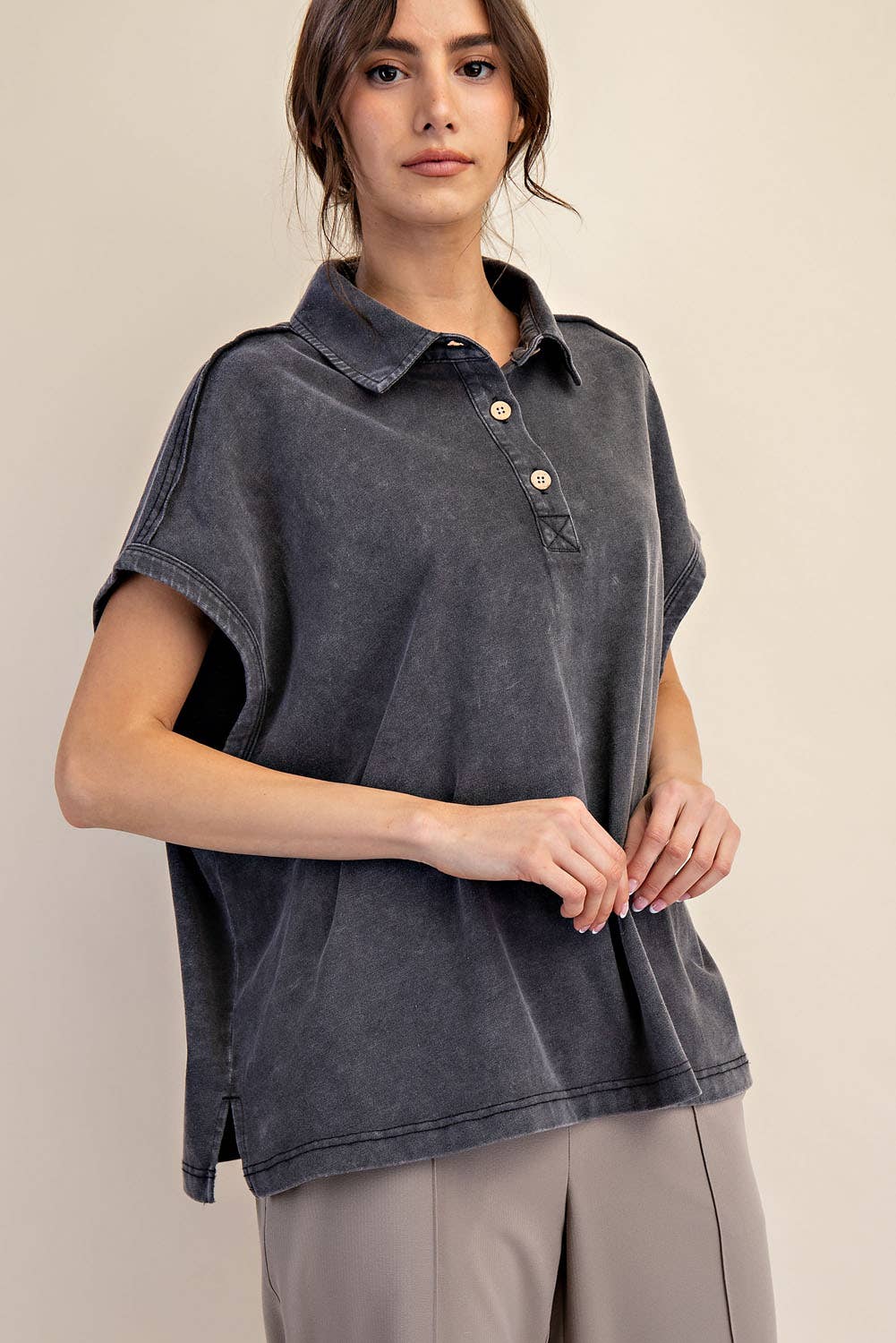 Margot Washed Polo Top-apparel-Rae Mode-The Funky Zebra Ames, Women's Fashion Boutique in Ames, Iowa