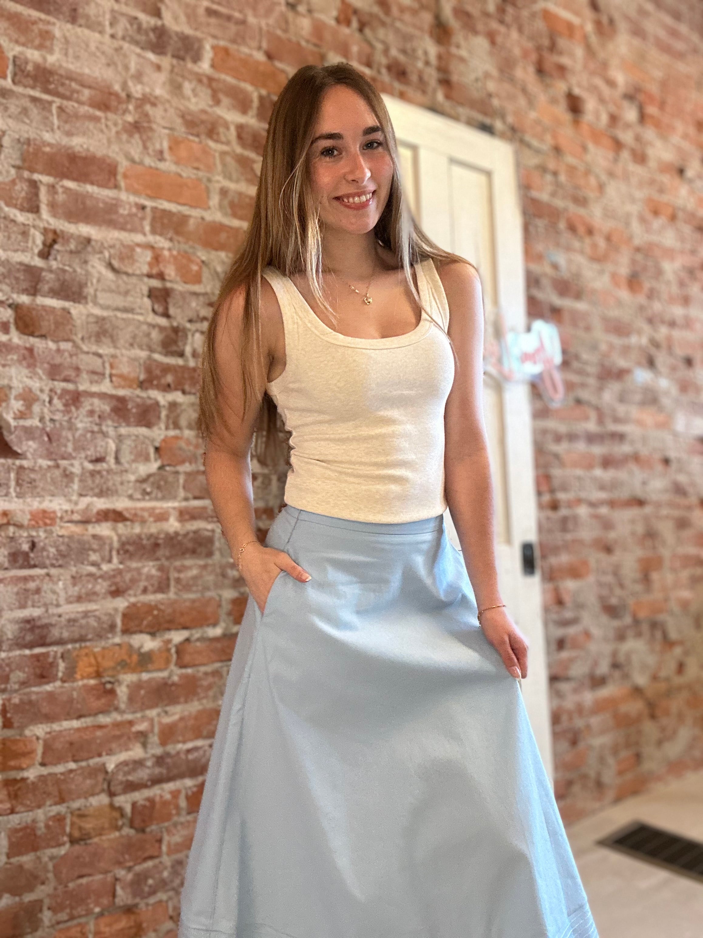 Spring Sky Midi Skirt-Pants-Glam-The Funky Zebra Ames, Women's Fashion Boutique in Ames, Iowa