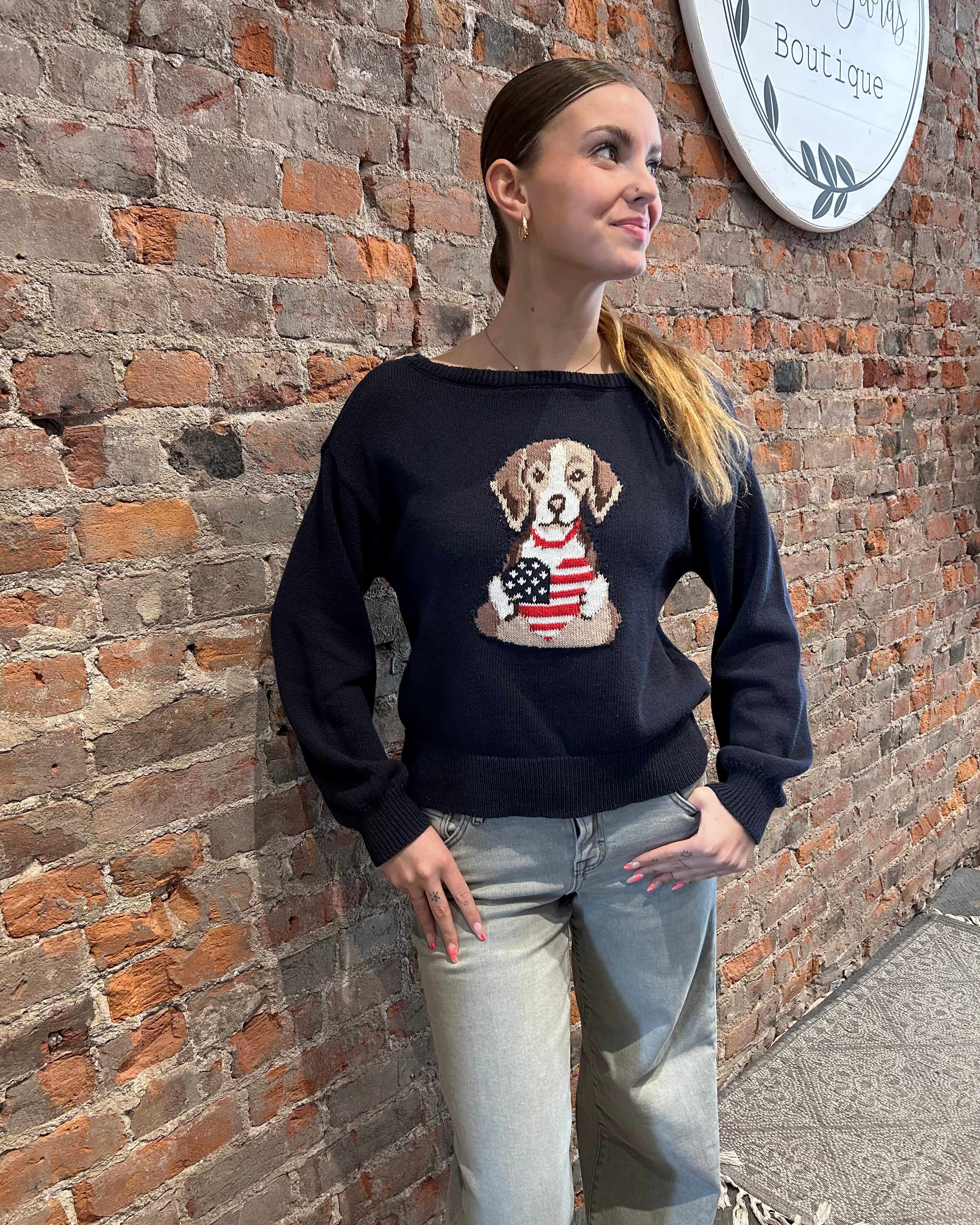 Raina American Heart Puppy Sweater-Sweaters-Blu Pepper-The Funky Zebra Ames, Women's Fashion Boutique in Ames, Iowa