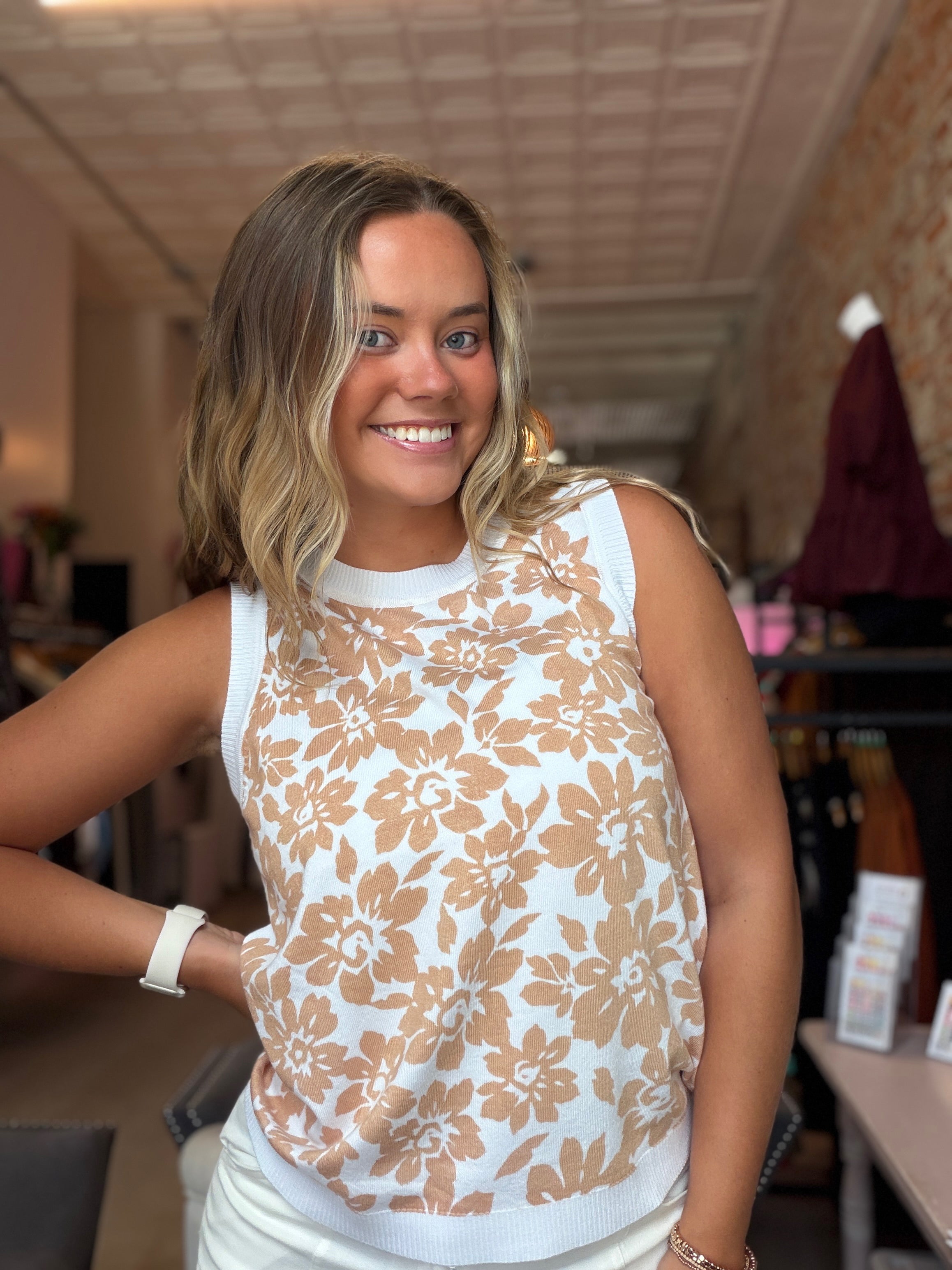 Floral Printed Sweater Tank-Tank Tops-Staccato-The Funky Zebra Ames, Women's Fashion Boutique in Ames, Iowa