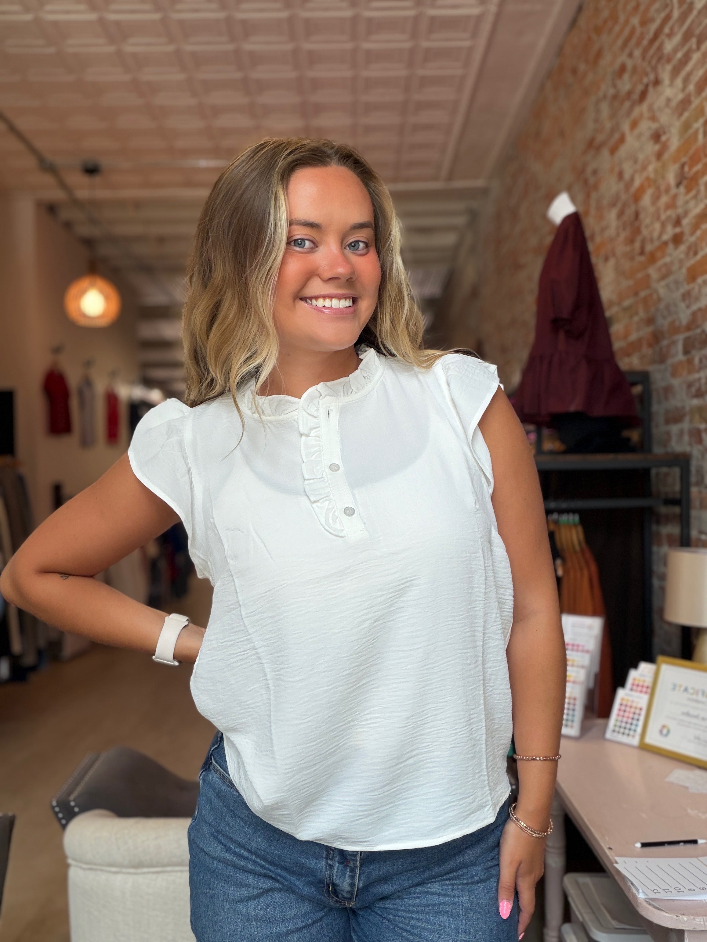 Diane White Frilled Half Button Top-Tank Tops-Staccato-The Funky Zebra Ames, Women's Fashion Boutique in Ames, Iowa