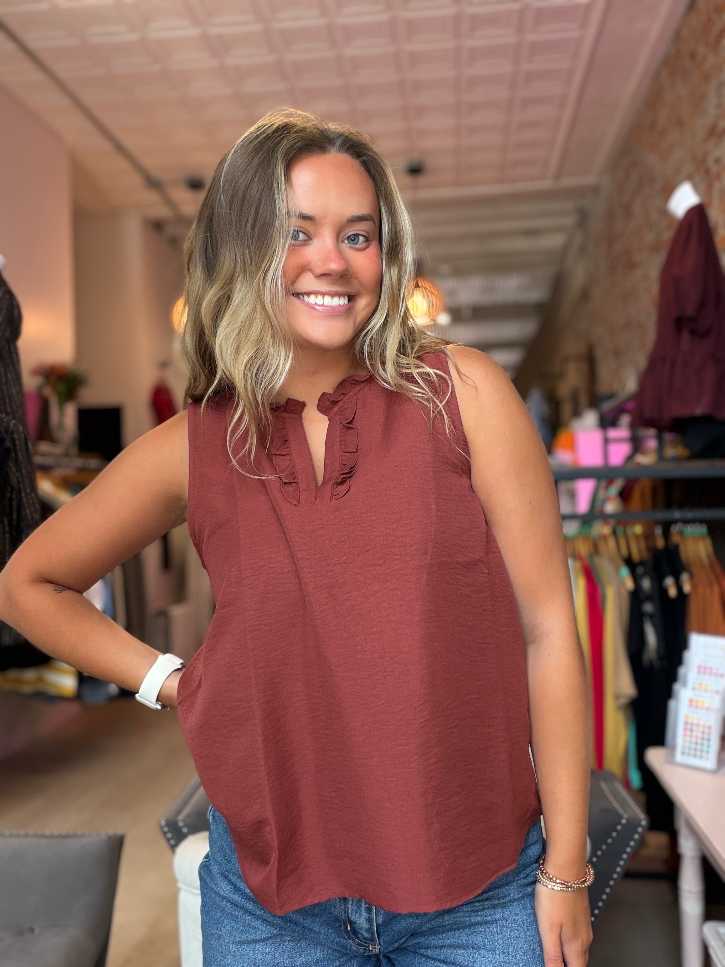 Sierra Copper Ruffle Detail Sleeveless Top-Tank Tops-Staccato-The Funky Zebra Ames, Women's Fashion Boutique in Ames, Iowa