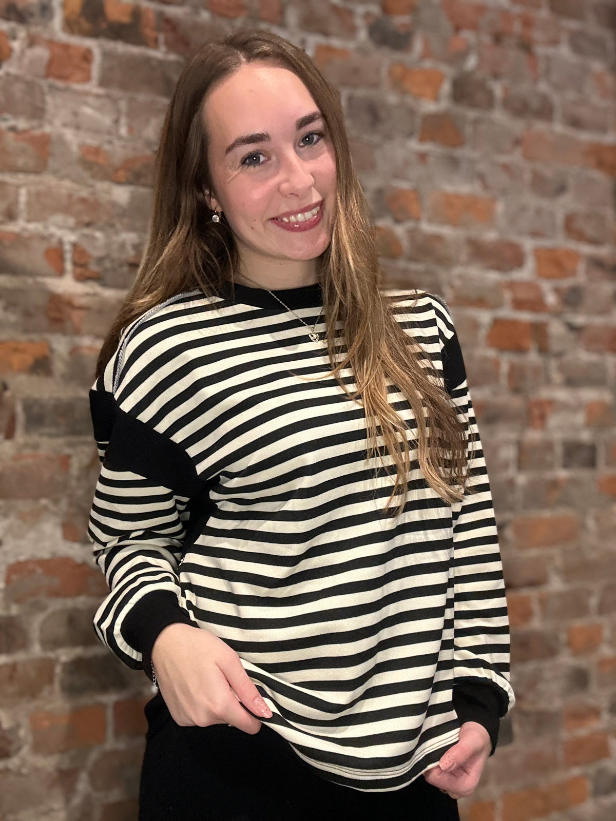 B&W Exposed Seam Striped Sweatshirt-Long Sleeves-Doe and Rae-The Funky Zebra Ames, Women's Fashion Boutique in Ames, Iowa