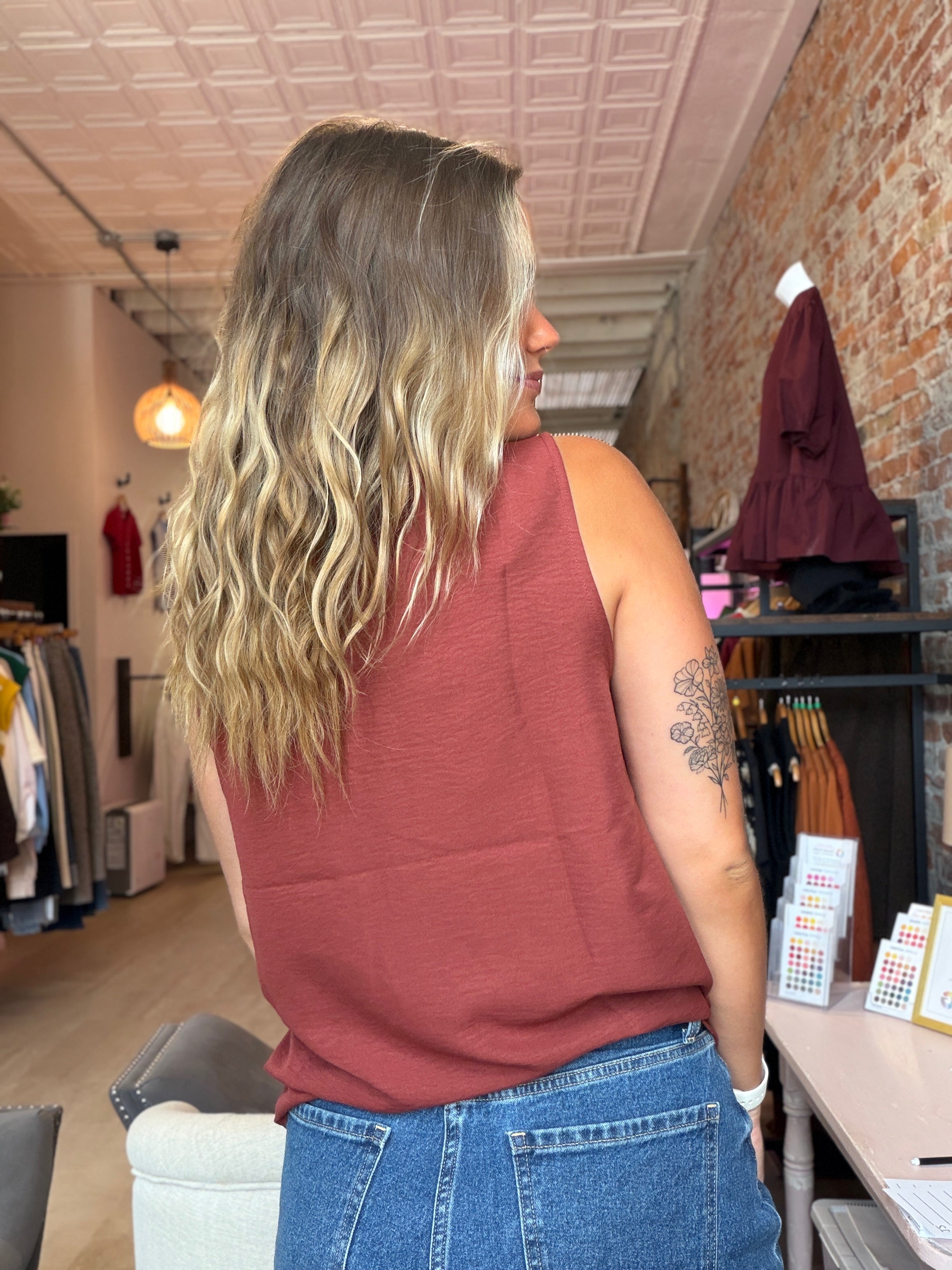 Sierra Copper Ruffle Detail Sleeveless Top-Tank Tops-Staccato-The Funky Zebra Ames, Women's Fashion Boutique in Ames, Iowa
