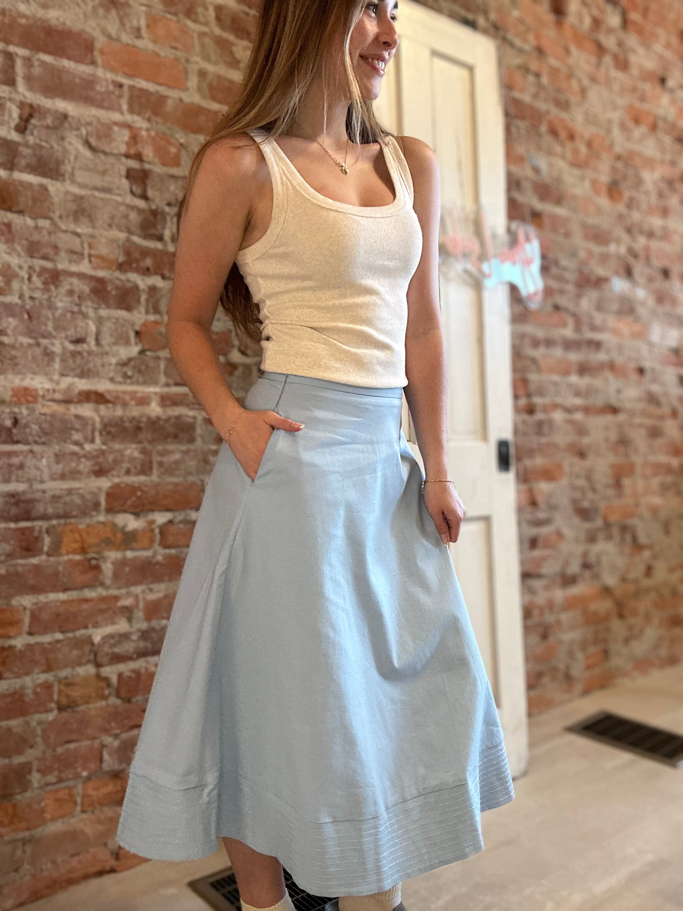 Spring Sky Midi Skirt-Pants-Glam-The Funky Zebra Ames, Women's Fashion Boutique in Ames, Iowa