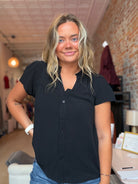 Monica Frilled Neck Button Down Shirt-Short Sleeves-Staccato-The Funky Zebra Ames, Women's Fashion Boutique in Ames, Iowa