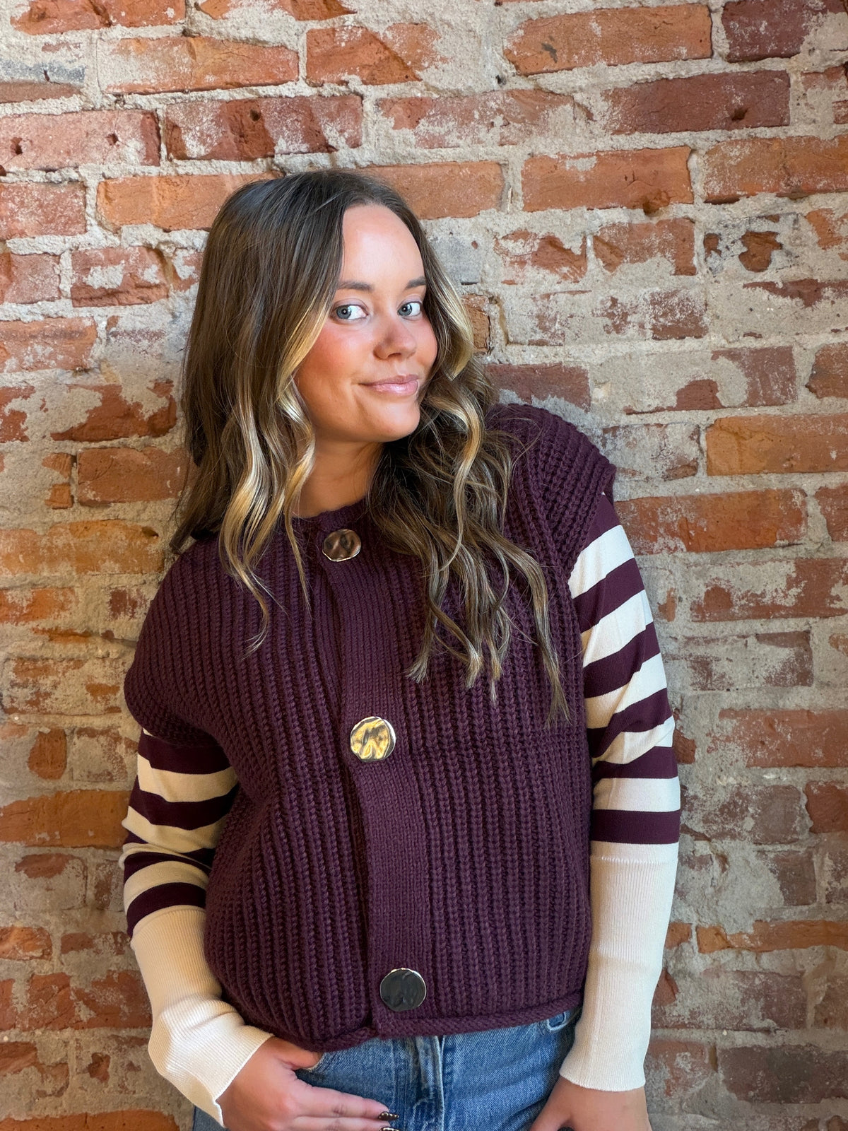 Valerie Fig Big Button Vest-Vests-be young-The Funky Zebra Ames, Women's Fashion Boutique in Ames, Iowa