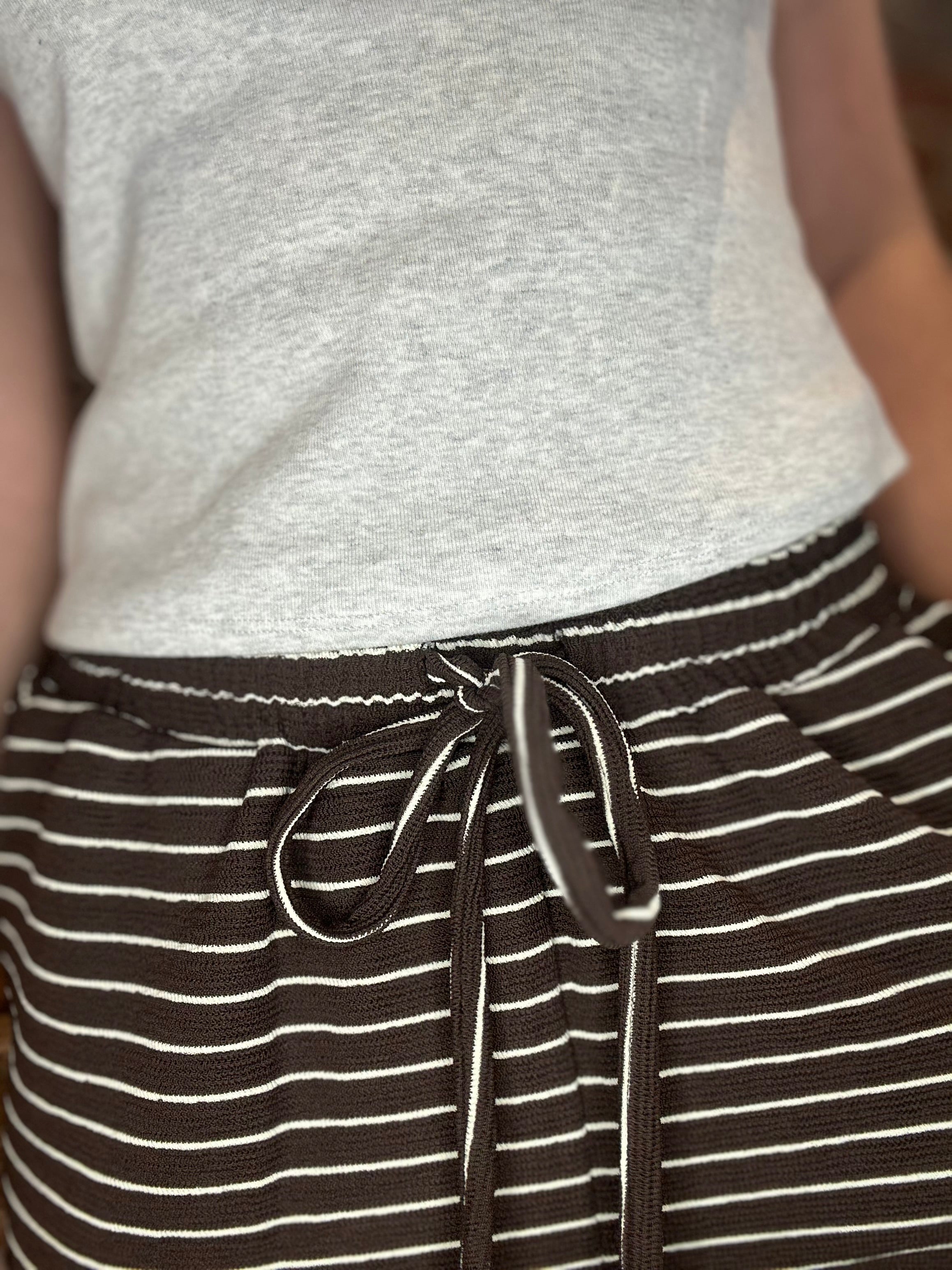 Evie Espresso Striped Drawstring Shorts-Shorts-Cozy Co-The Funky Zebra Ames, Women's Fashion Boutique in Ames, Iowa