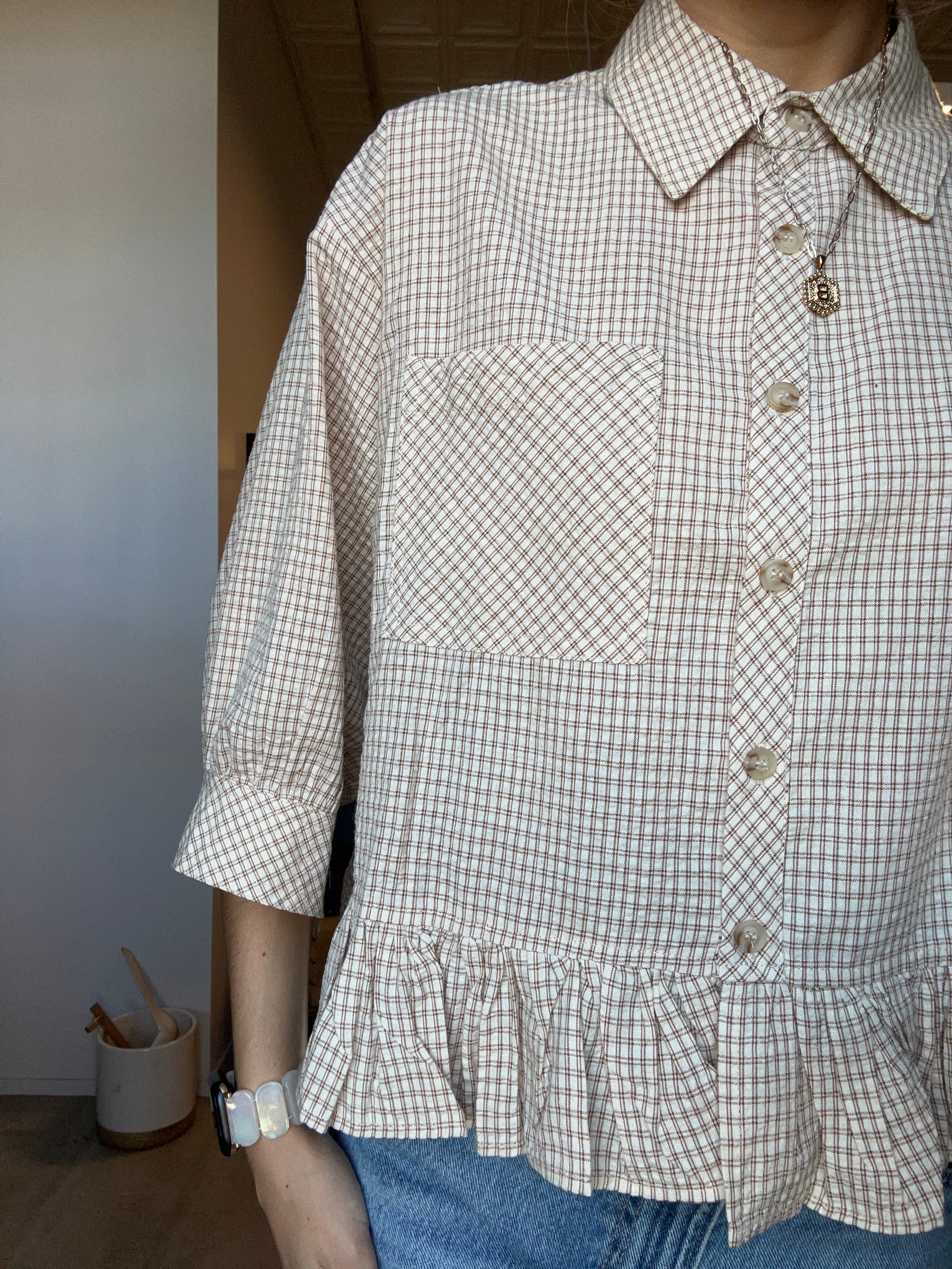 Mila Gingham Ruffle Hem Shirt-apparel-in february-The Funky Zebra Ames, Women's Fashion Boutique in Ames, Iowa