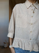 Mila Gingham Ruffle Hem Shirt-apparel-in february-The Funky Zebra Ames, Women's Fashion Boutique in Ames, Iowa