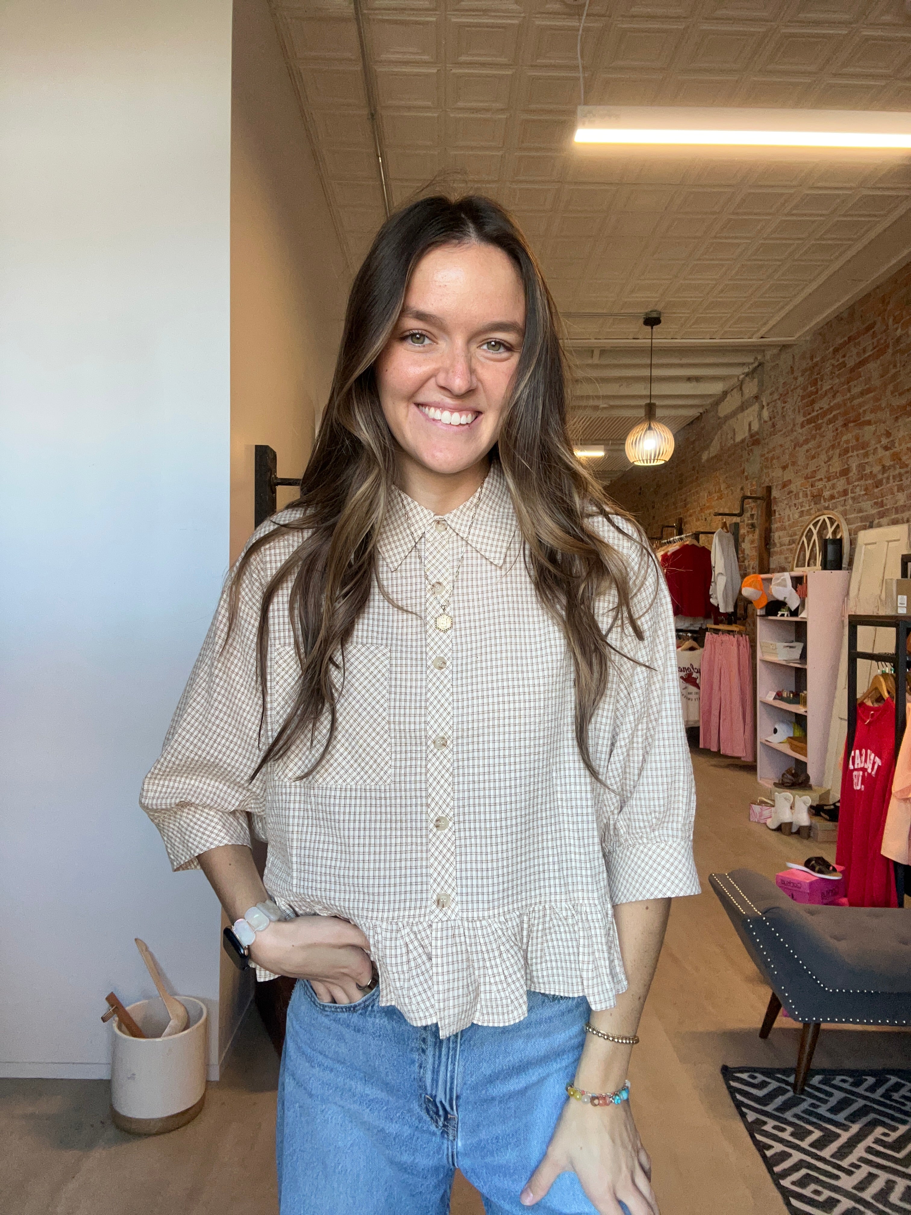 Mila Gingham Ruffle Hem Shirt-apparel-in february-The Funky Zebra Ames, Women's Fashion Boutique in Ames, Iowa
