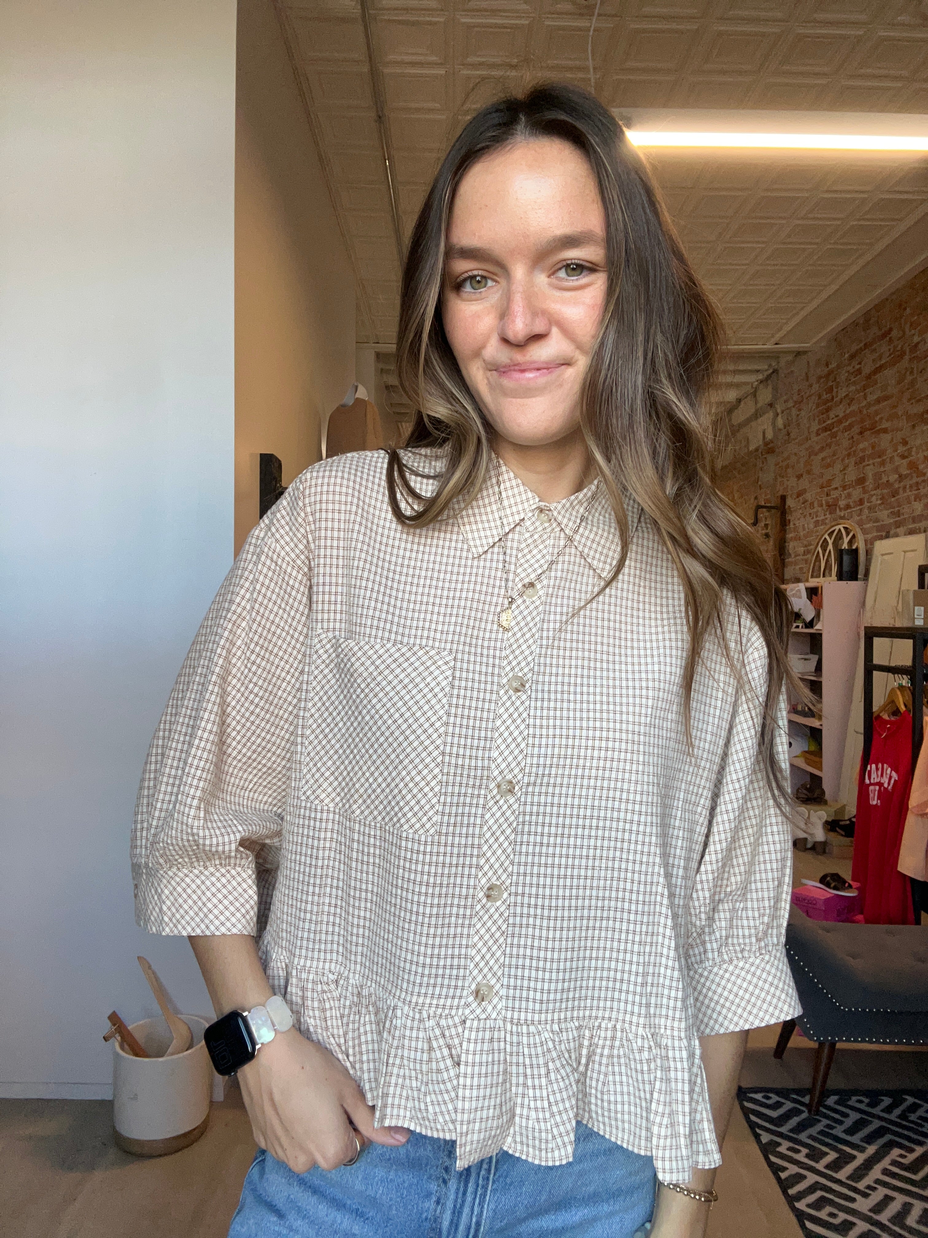 Mila Gingham Ruffle Hem Shirt-apparel-in february-The Funky Zebra Ames, Women's Fashion Boutique in Ames, Iowa