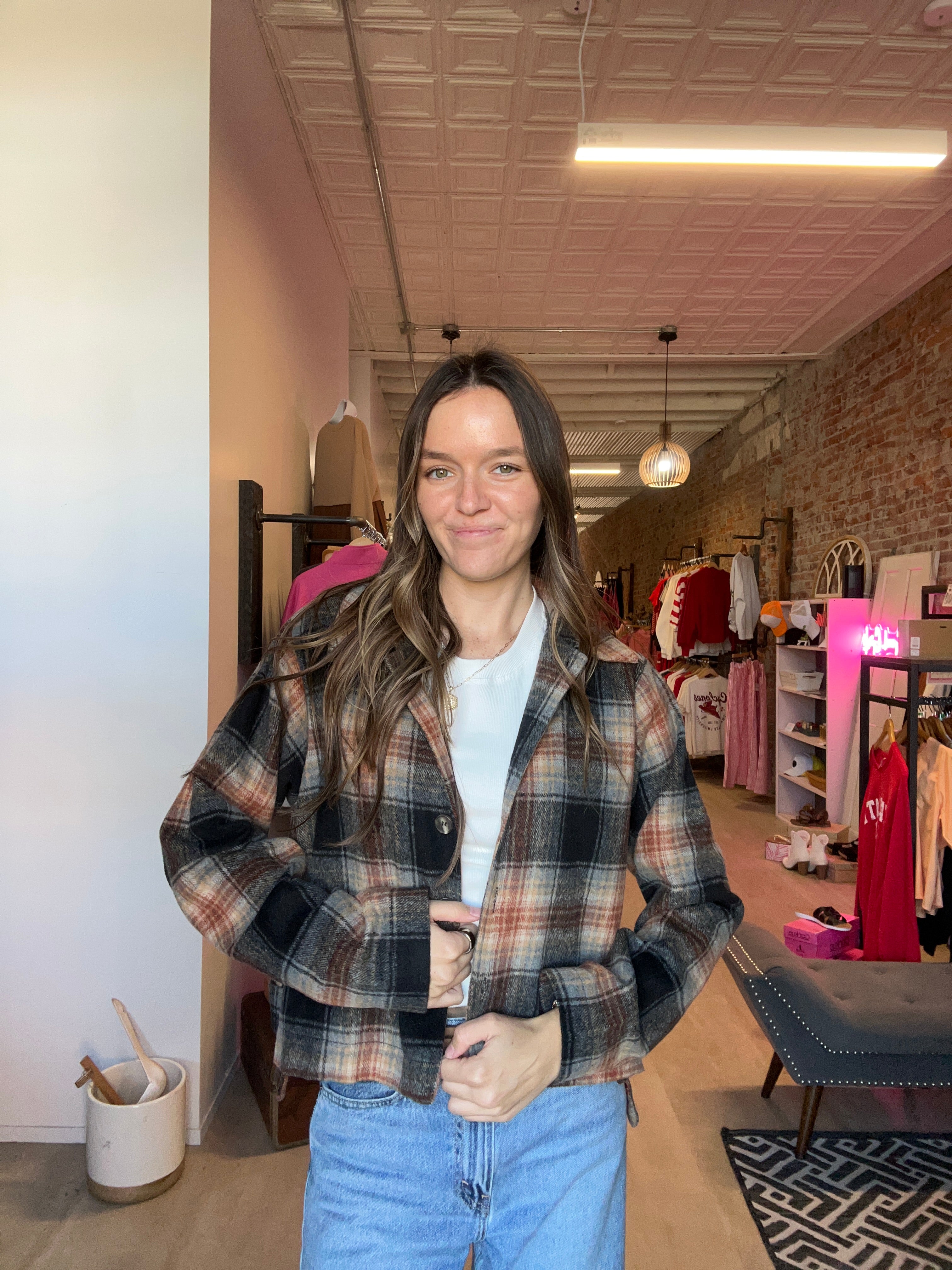 Aubrey Crop Plaid Jacket-Nellie & Dani Style House-The Funky Zebra Ames, Women's Fashion Boutique in Ames, Iowa
