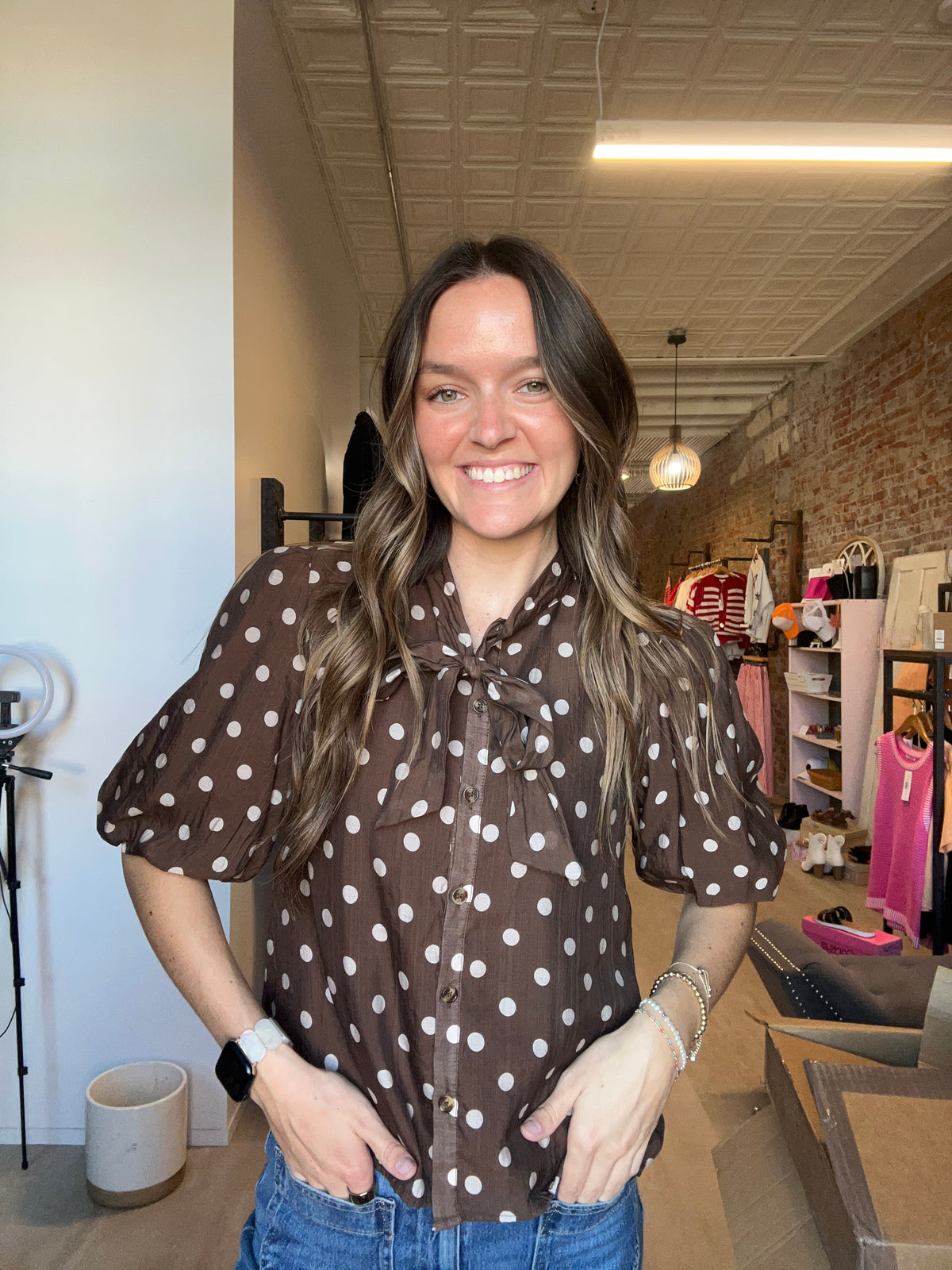Genevieve Polka Dot Scarf Top-apparel-Hayden-The Funky Zebra Ames, Women's Fashion Boutique in Ames, Iowa