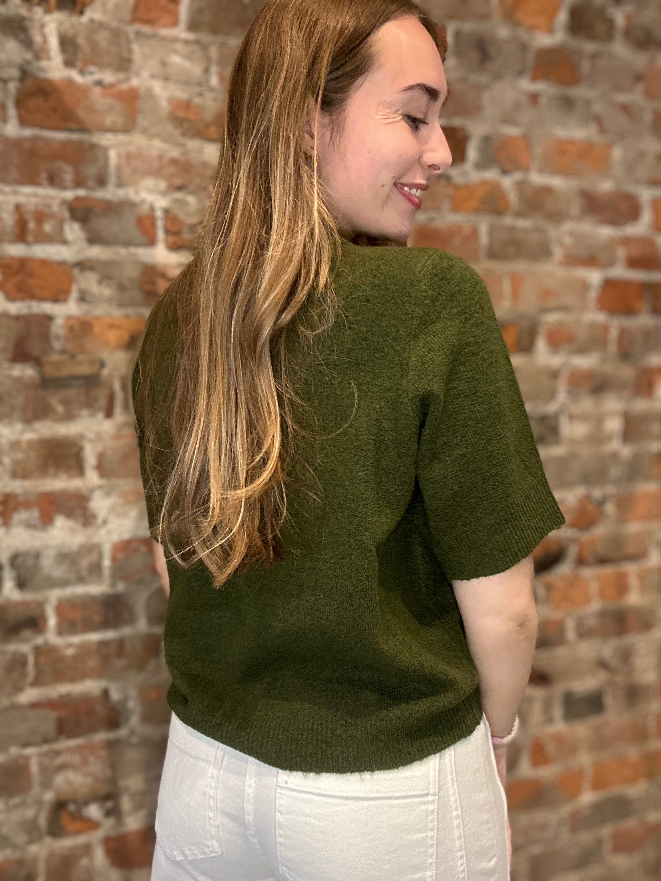 Kendra Olive Crew Neck Short Sleeve Sweater-Sweaters-Blu Pepper-The Funky Zebra Ames, Women's Fashion Boutique in Ames, Iowa