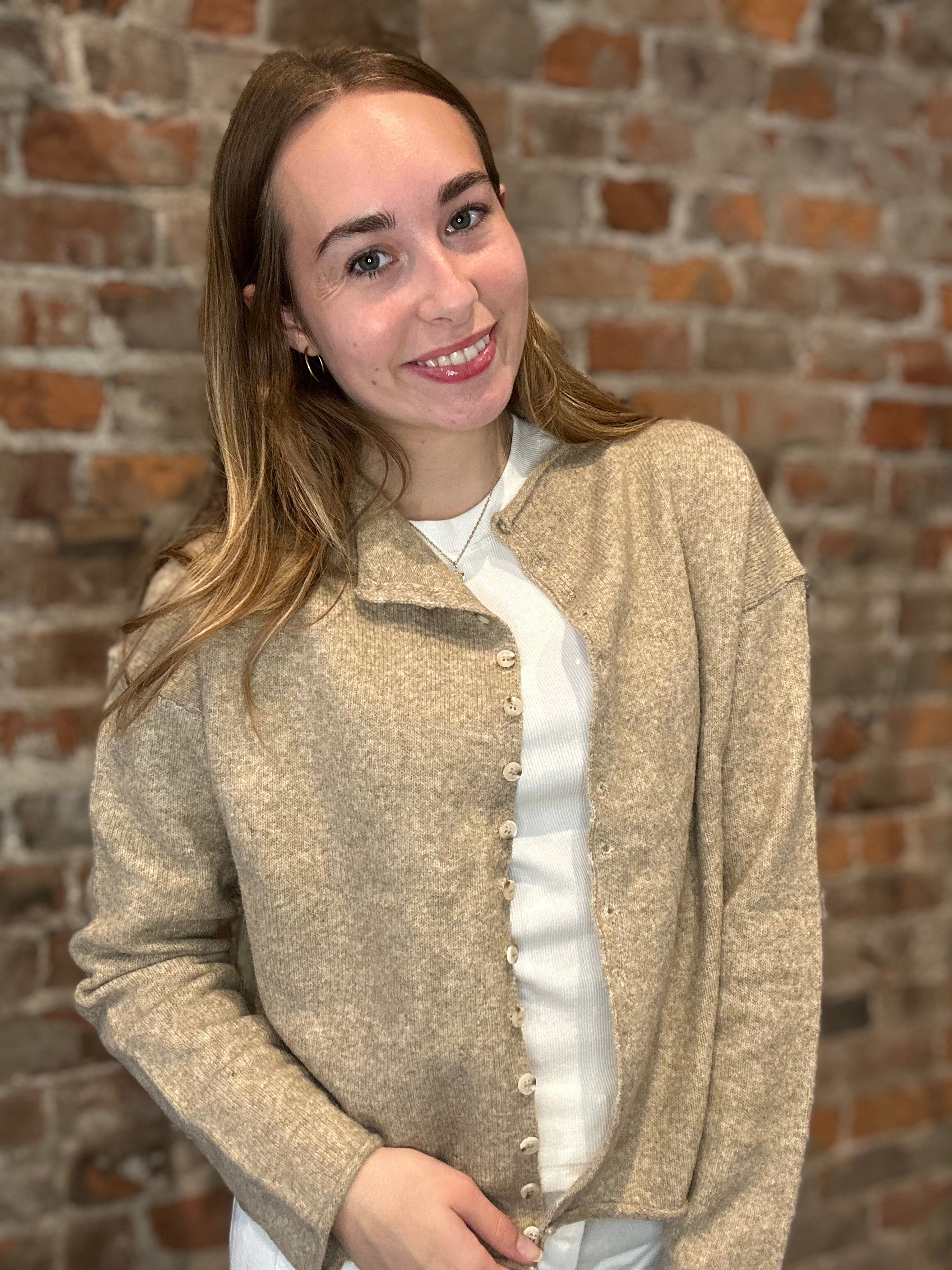 Jazzi Khaki Mock Neck Button Down Cardigan-Cardigans-Blu Pepper-The Funky Zebra Ames, Women's Fashion Boutique in Ames, Iowa