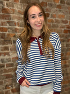 Victoria Slate Zip Neck Striped Sweater-top-Glam-The Funky Zebra Ames, Women's Fashion Boutique in Ames, Iowa
