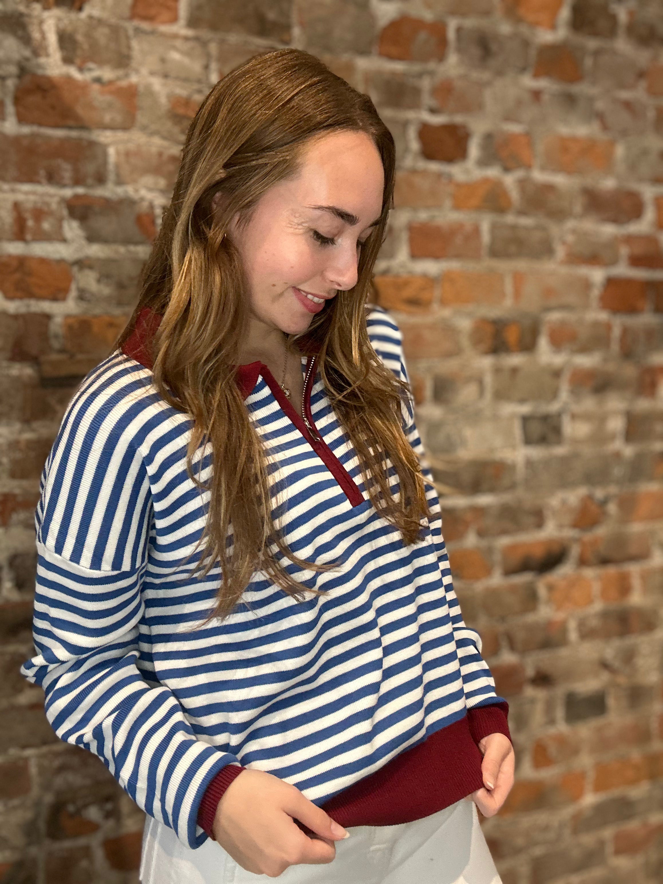 Victoria Slate Zip Neck Striped Sweater-top-Glam-The Funky Zebra Ames, Women's Fashion Boutique in Ames, Iowa