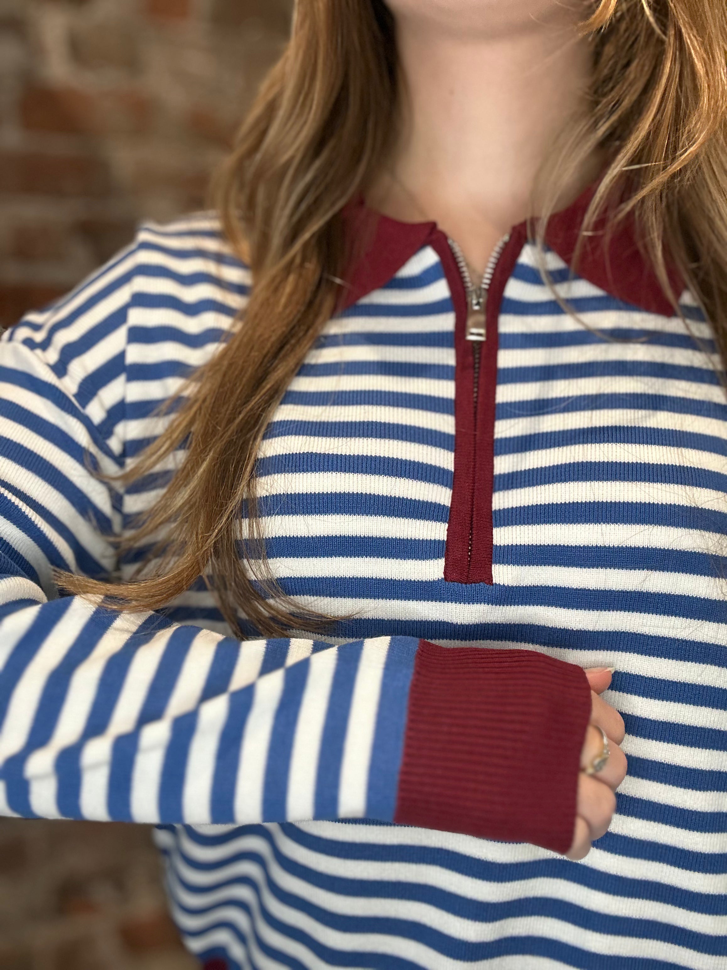 Victoria Slate Zip Neck Striped Sweater-top-Glam-The Funky Zebra Ames, Women's Fashion Boutique in Ames, Iowa