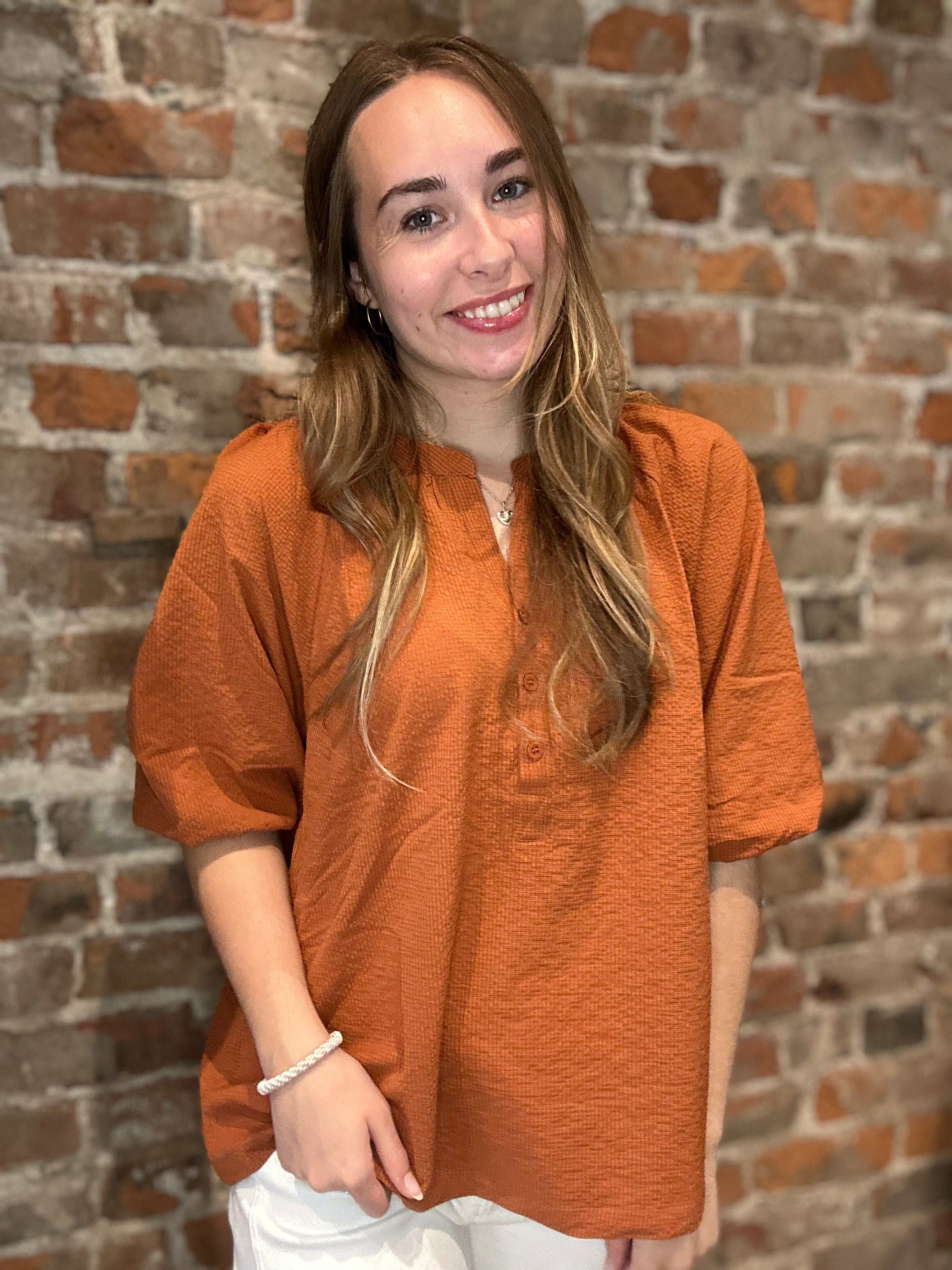 Brandi Rust Three Quarter Sleeve Top-top-heimish-The Funky Zebra Ames, Women's Fashion Boutique in Ames, Iowa
